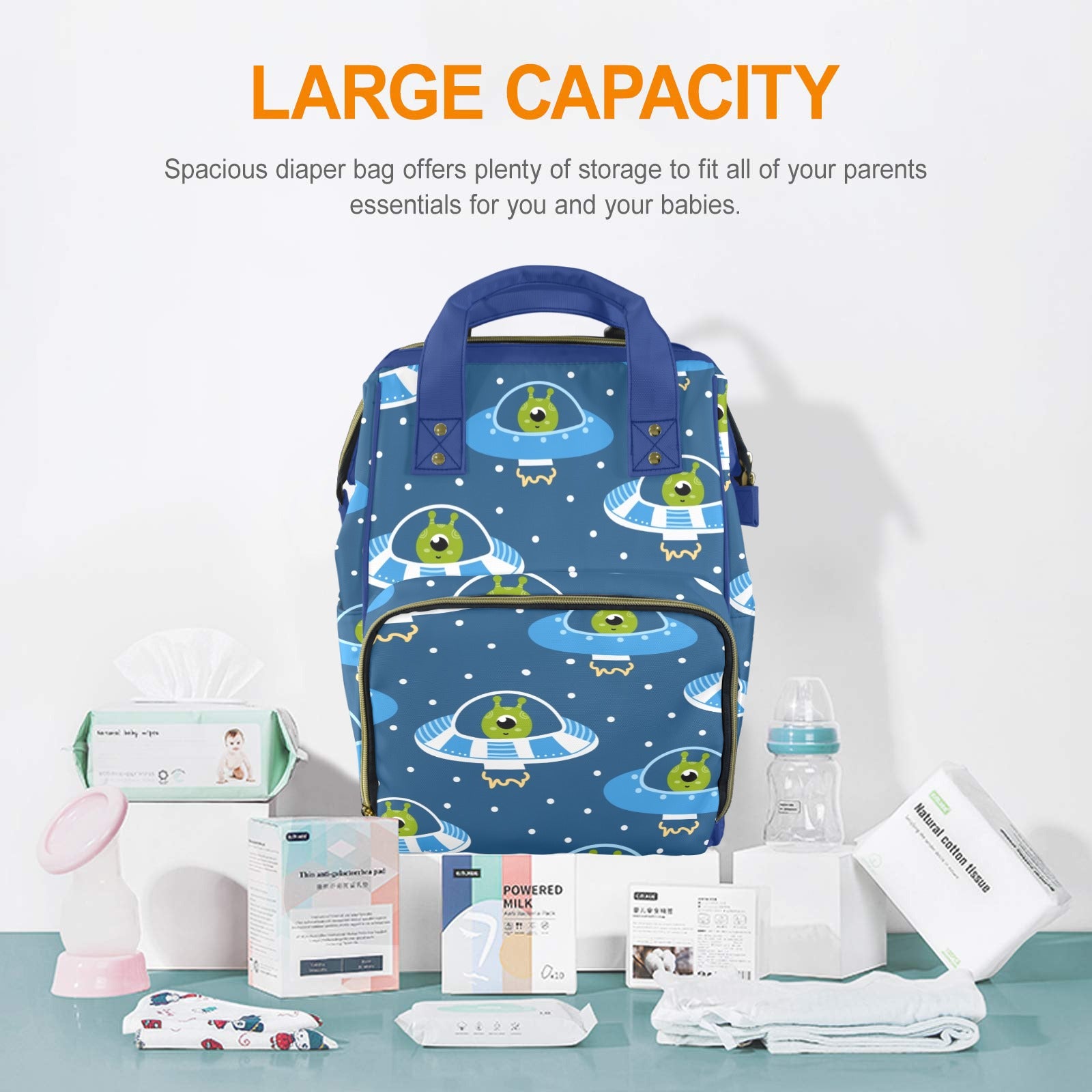 Cute Aliens in UFOs - Multi-Function Backpack, Nappy / Diaper Bag
