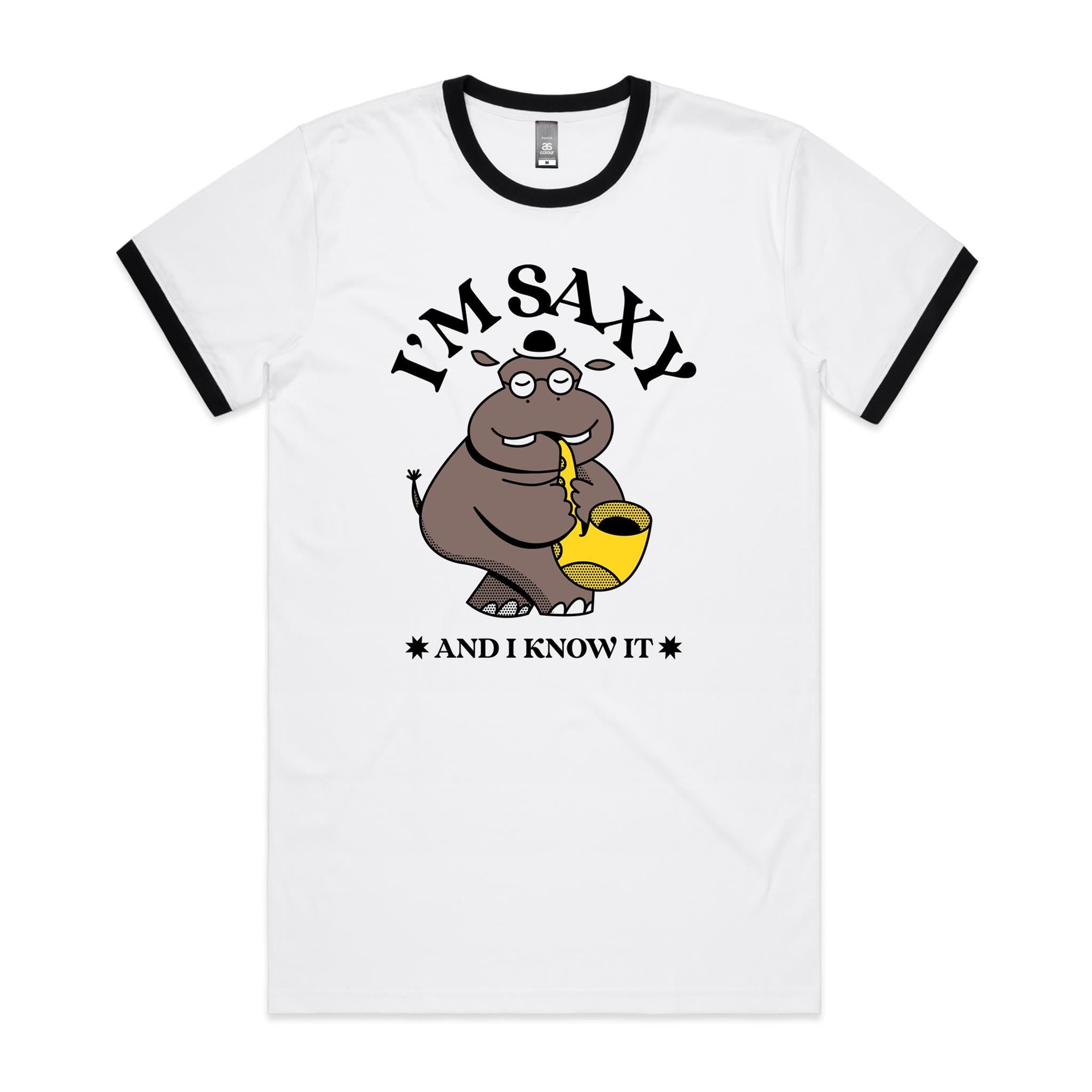I'm Saxy And I Know It, Hippo Saxophone Player - Staple Ringer Tee White Black Ringer T-Shirt animal Music Printed In Australia
