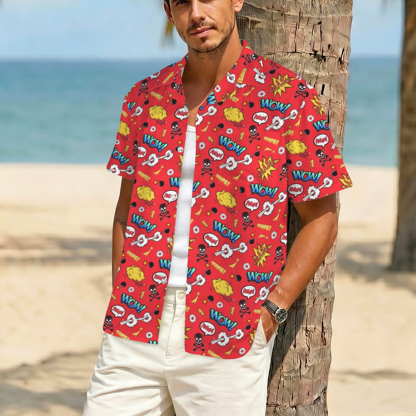 Comic Book Red Men's Crinkle Hawaiian Shirt