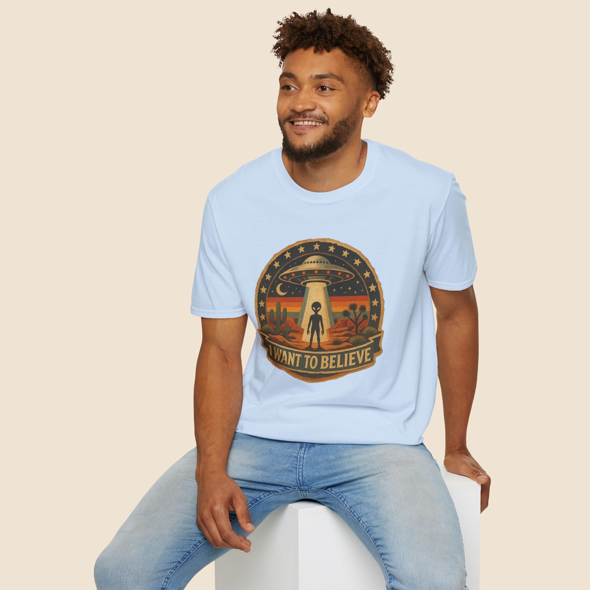 I Want To Believe UFO Alien Abduction Unisex T-Shirt Light Blue Unisex Adult T-shirt Globally Fulfilled Sci Fi
