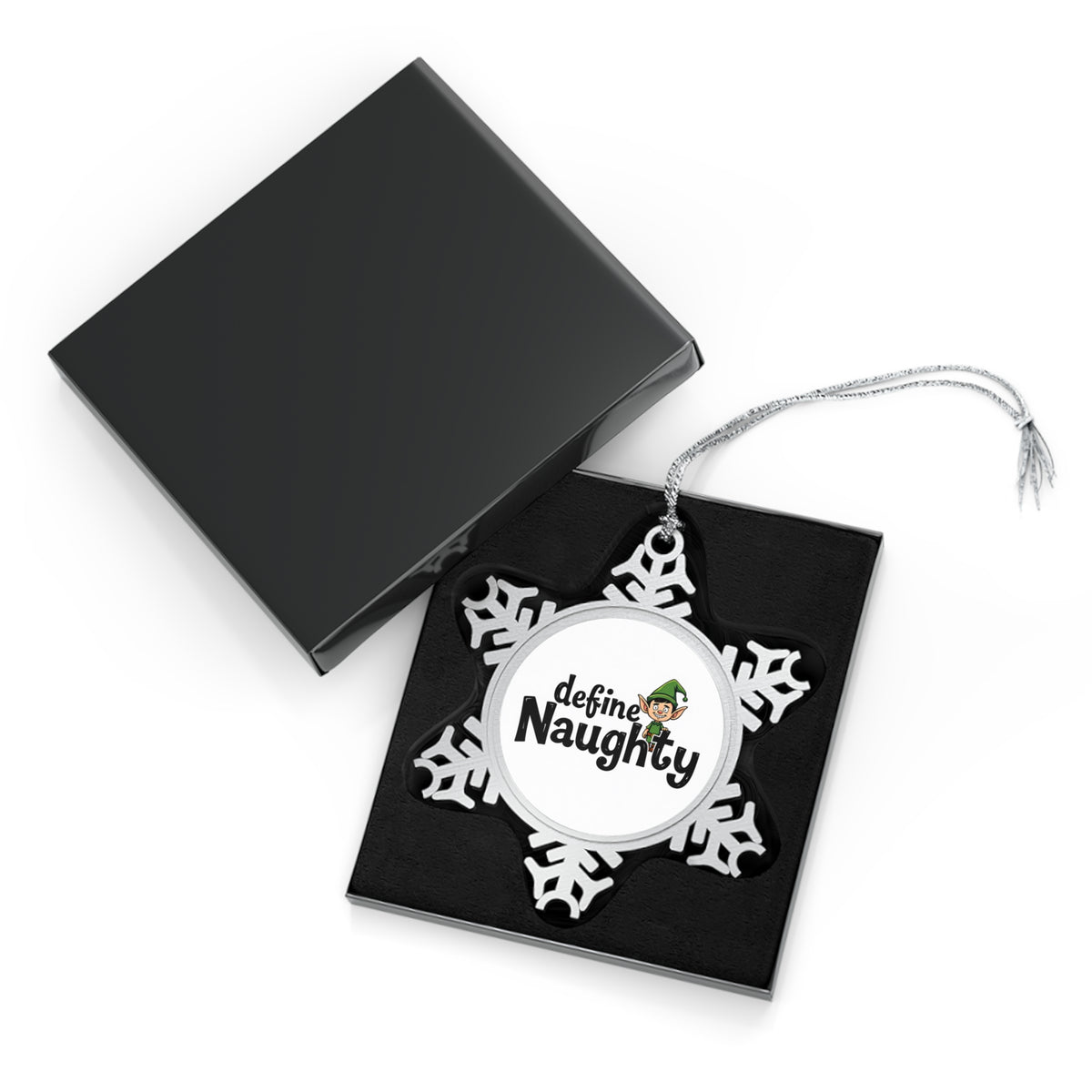 Define Naughty Pewter Snowflake Christmas Ornament