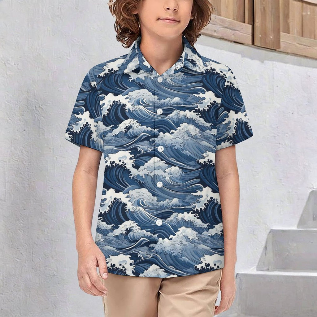 Japanese Waves Kids Youth Short Sleeve Button Up Shirt