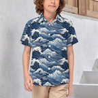 Japanese Waves Kids Youth Short Sleeve Button Up Shirt