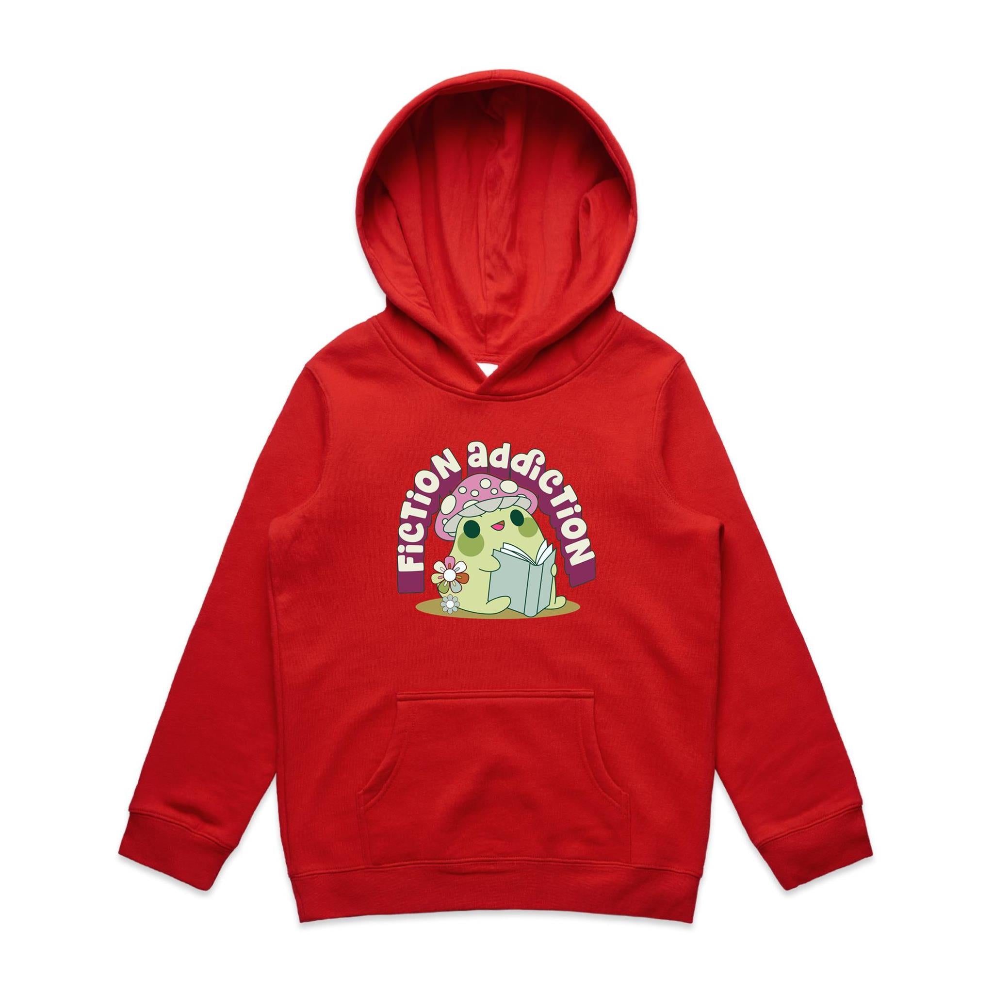Fiction Addiction - Kids Hoodie Red Kids Hoodie Printed In Australia Reading