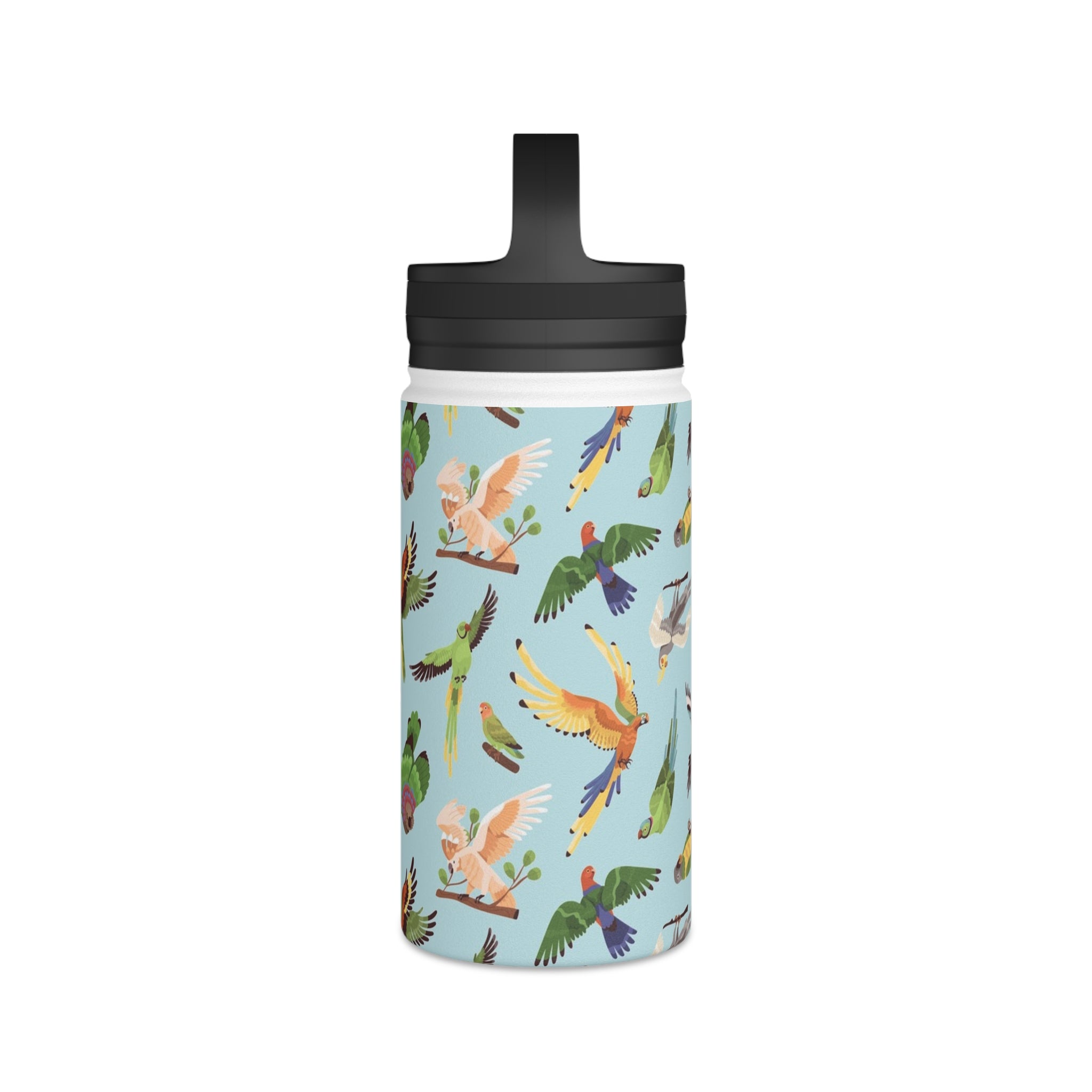 Parrots, Beautiful Colourful Birds Stainless Steel Water Bottle, Handle Lid Stainless Steel Water Bottle With Handle Lid Birds Globally Fulfilled