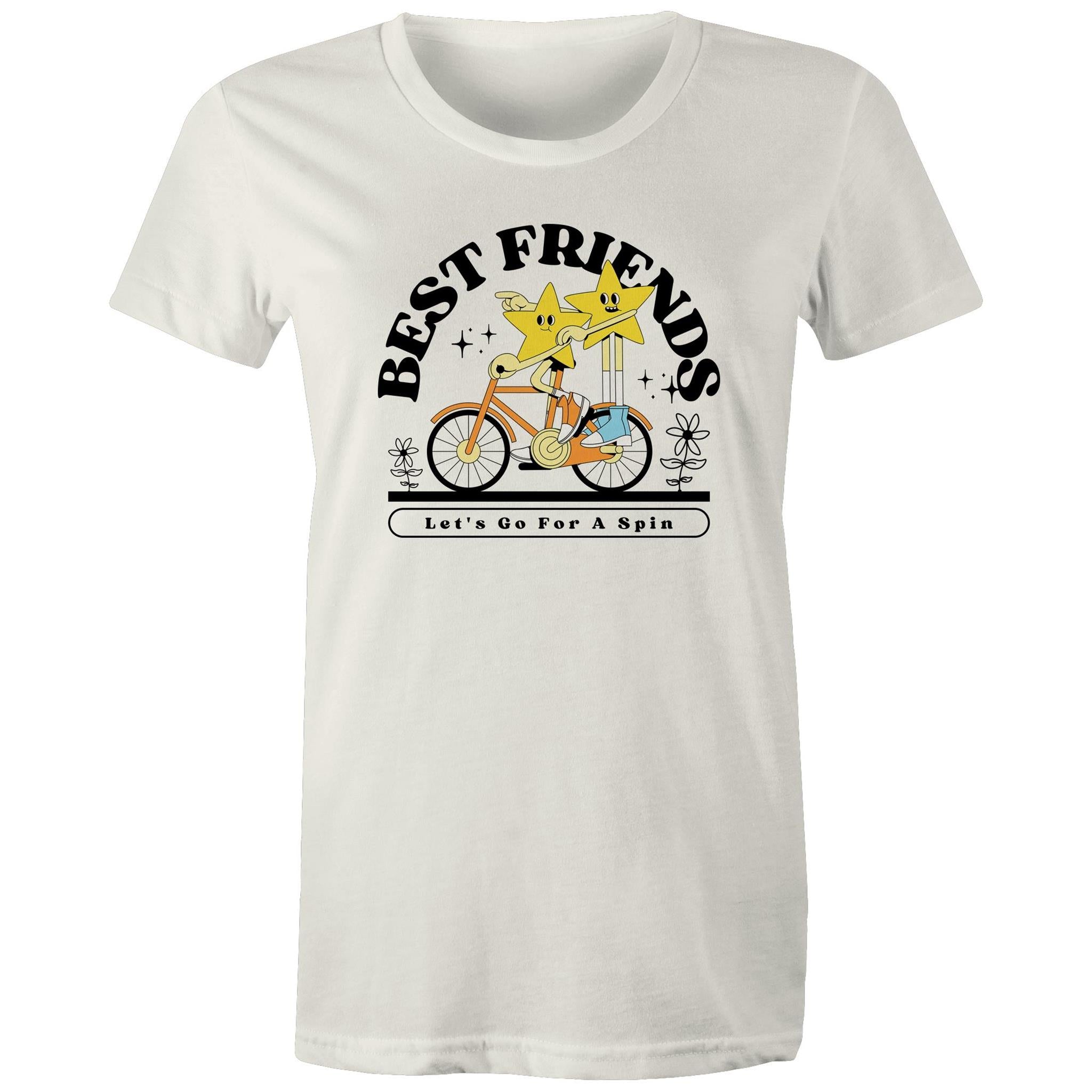 Best Friends, Riding A Bike - Womens T-shirt Natural Womens T-shirt Printed In Australia Retro