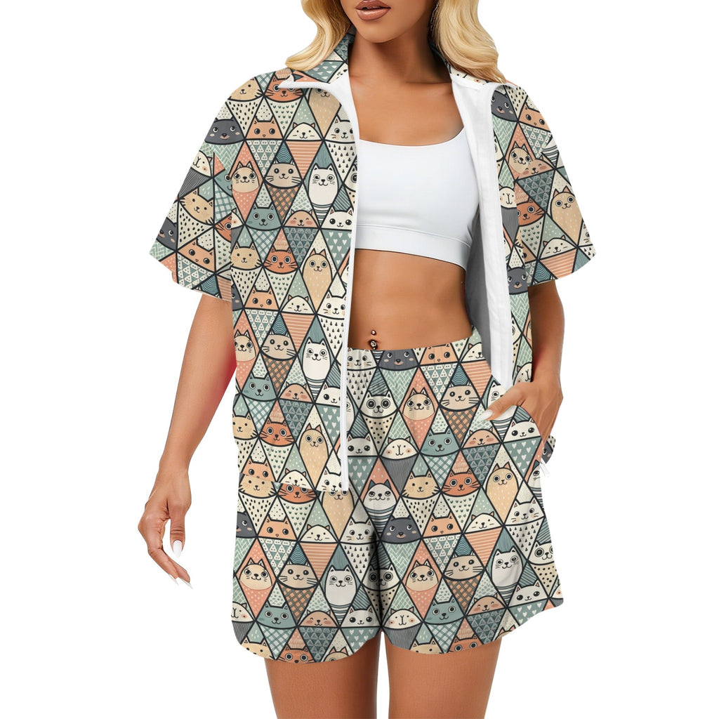 Diamond Cat Pattern Women's Windbreaker Short Set 2XL Women's Windbreaker Short Set animal Printed Offshore