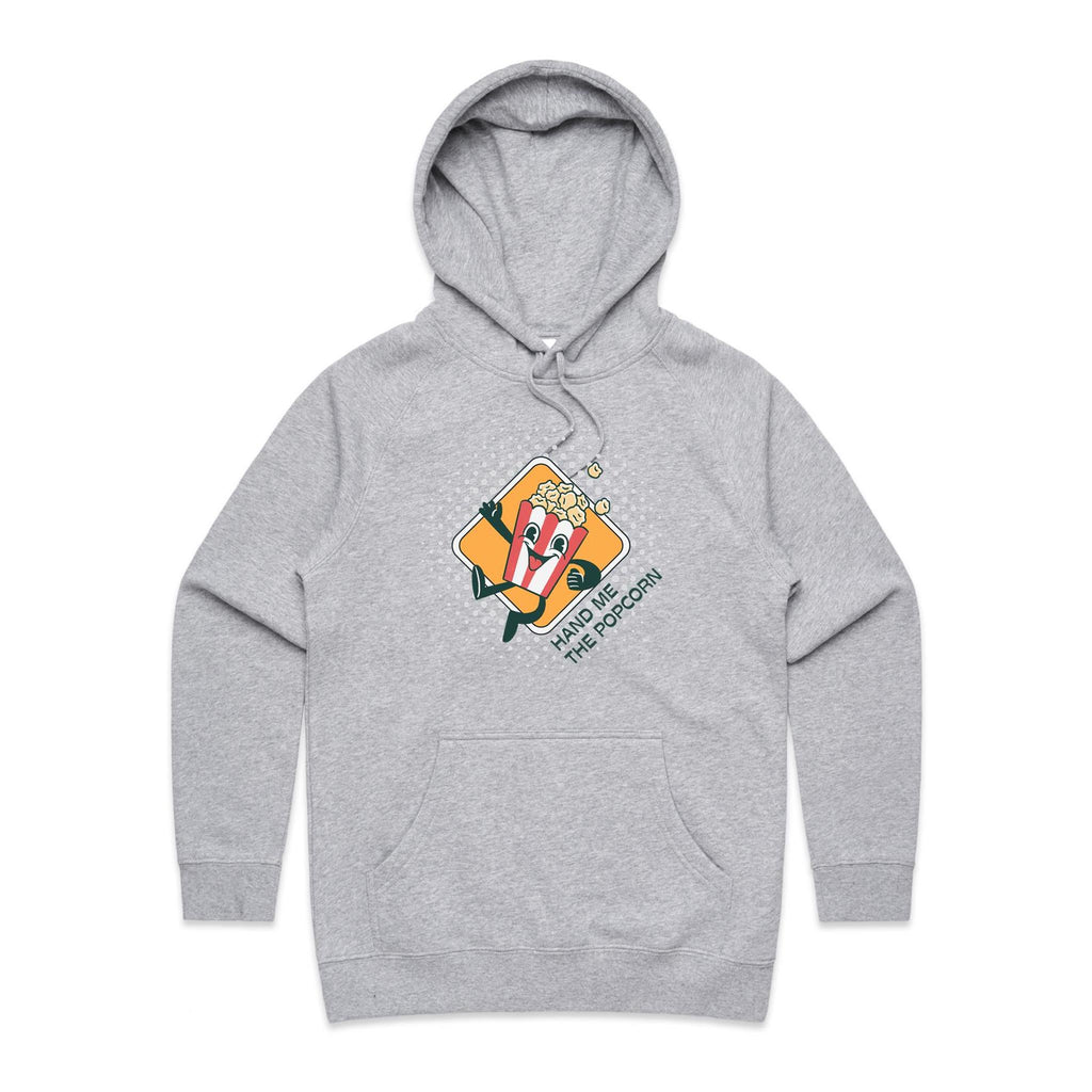 Hand Me The Popcorn - Womens Hoodie Grey Marle Womens Hoodie Food Printed In Australia
