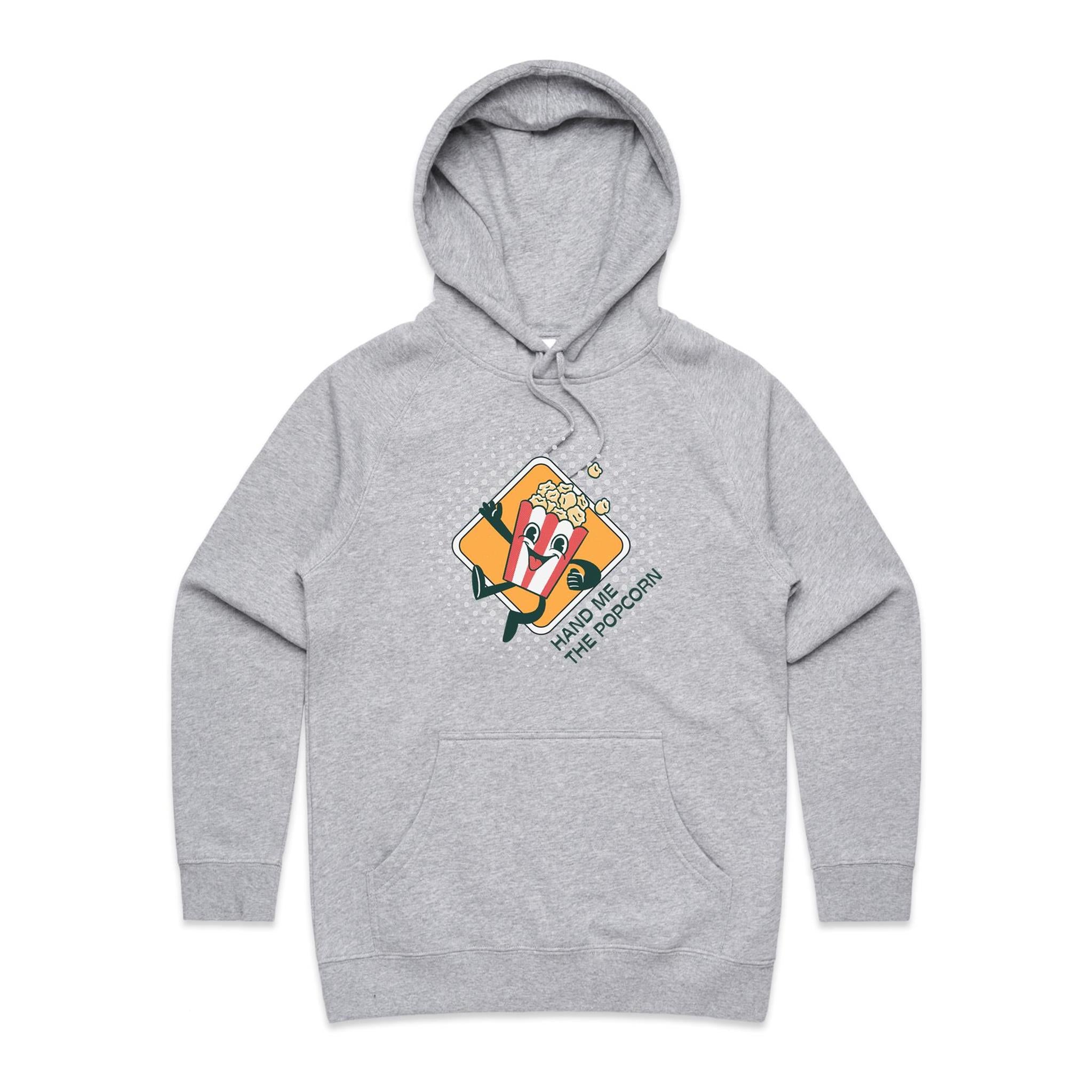 Hand Me The Popcorn - Womens Hoodie Grey Marle Womens Hoodie Food Printed In Australia