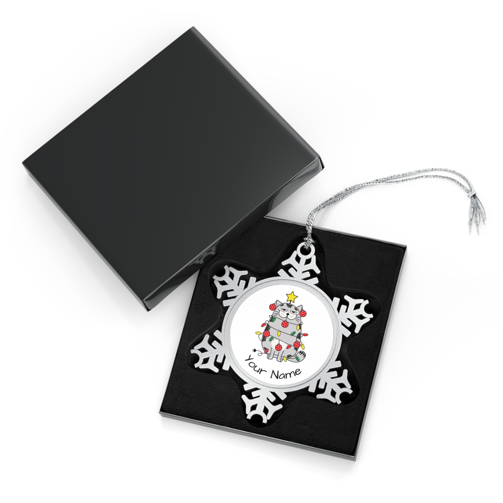 Personalised - Christmas Cat Tangled In Lights - Christmas Pewter Snowflake Ornament