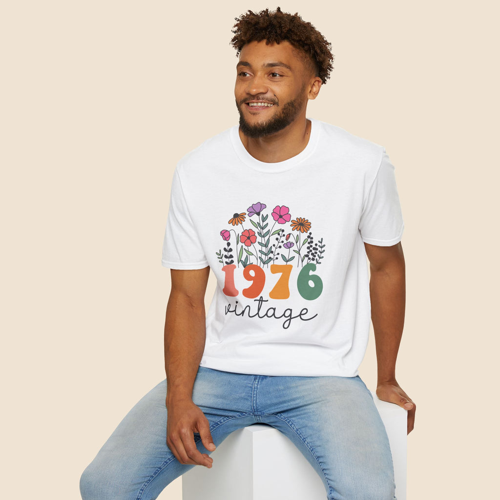 Turning 50, 1976 Vintage Floral Unisex Softstyle T-Shirt White T-Shirt Australian Printer Birthday