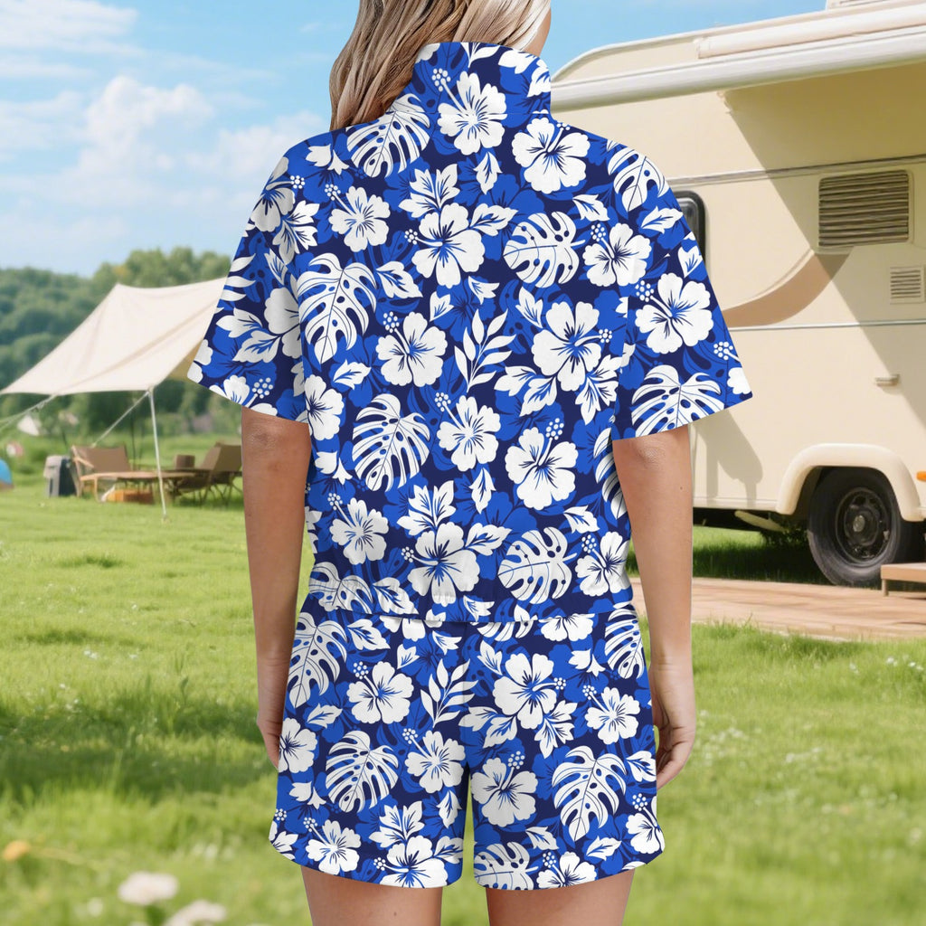Blue Hawaiian Floral Women's Windbreaker Short Set Women's Windbreaker Short Set Plants Printed Offshore