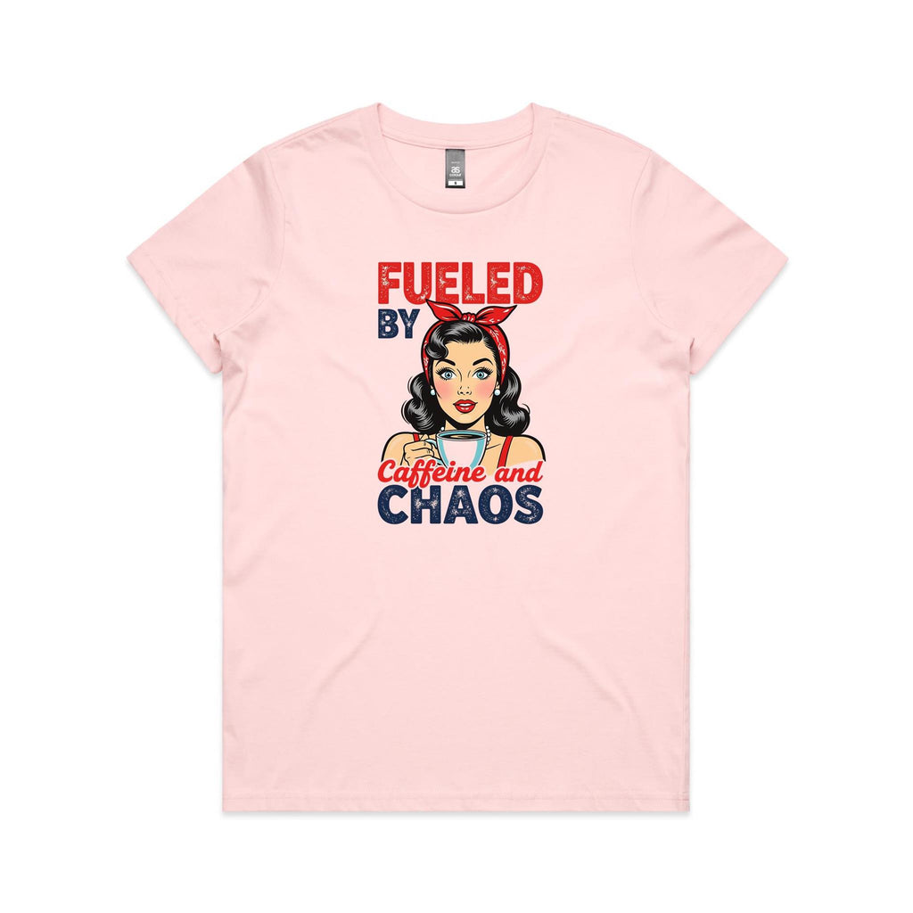 Fueled By Caffeine And Chaos, Retro Woman Women's AS Colour T-shirt Pink Womens T-shirt Coffee Printed In Australia