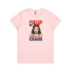 Fueled By Caffeine And Chaos, Retro Woman Women's AS Colour T-shirt Pink Womens T-shirt Coffee Printed In Australia