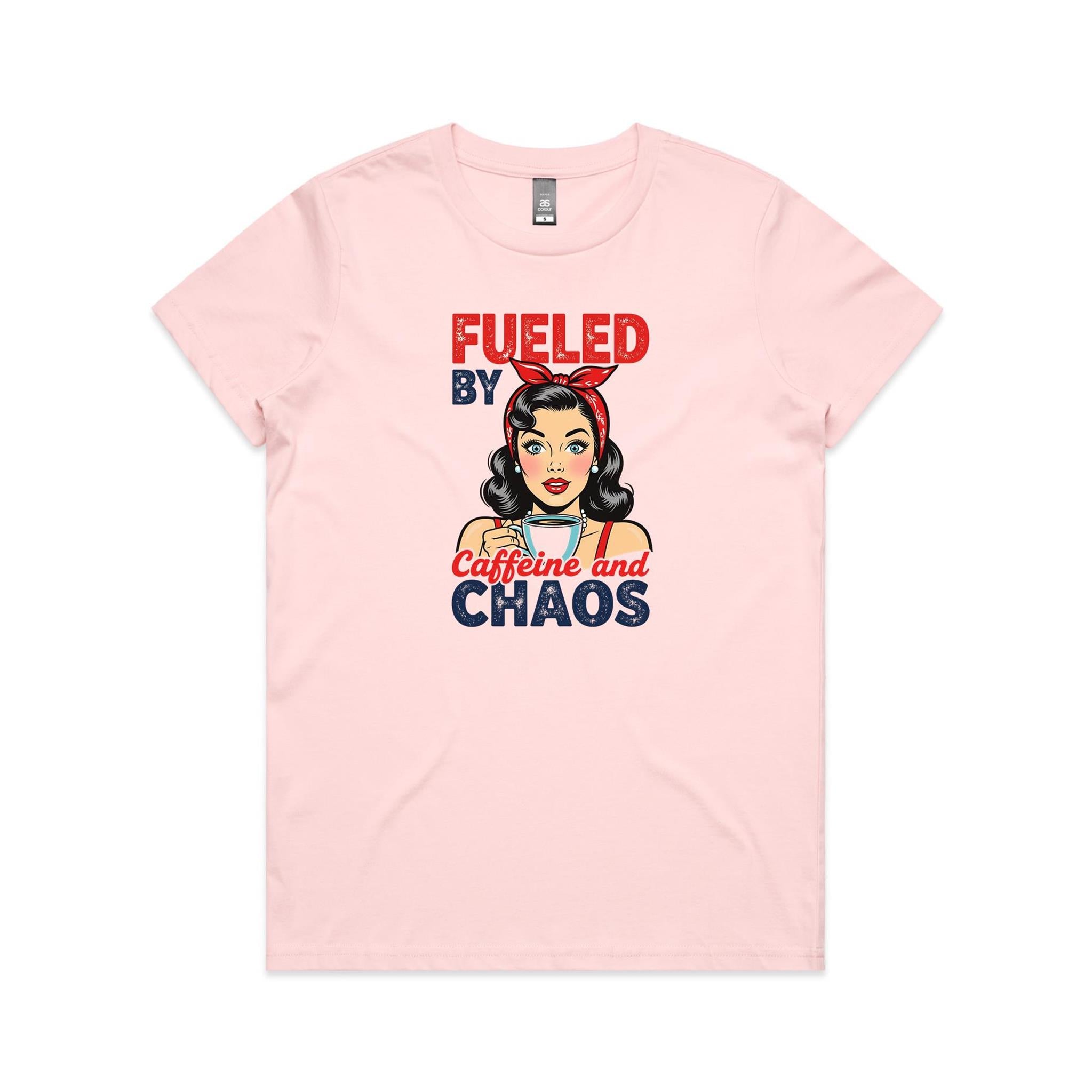 Fueled By Caffeine And Chaos, Retro Woman Women's AS Colour T-shirt Pink Womens T-shirt Coffee Printed In Australia