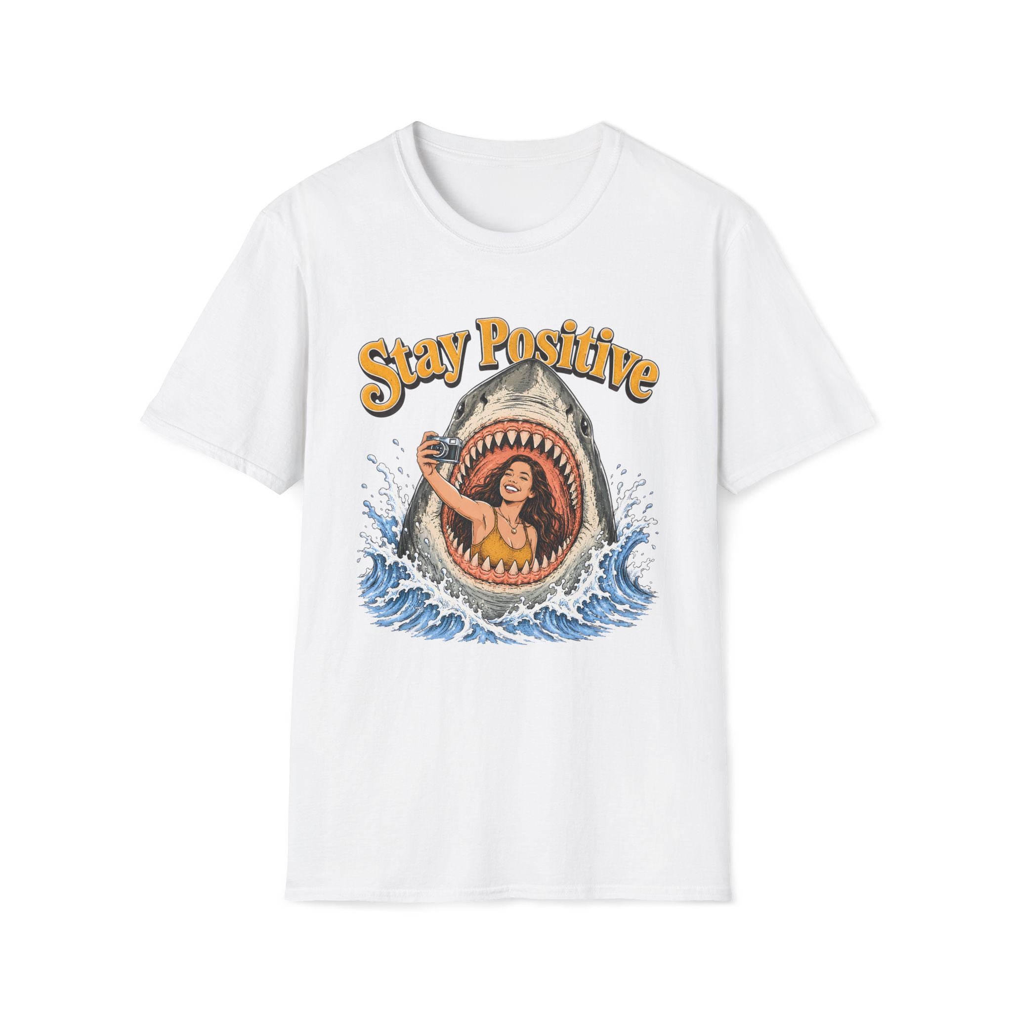 Stay Positive Shark Selfie Unisex T-Shirt Unisex Adult T-shirt Globally Fulfilled Ocean Retro