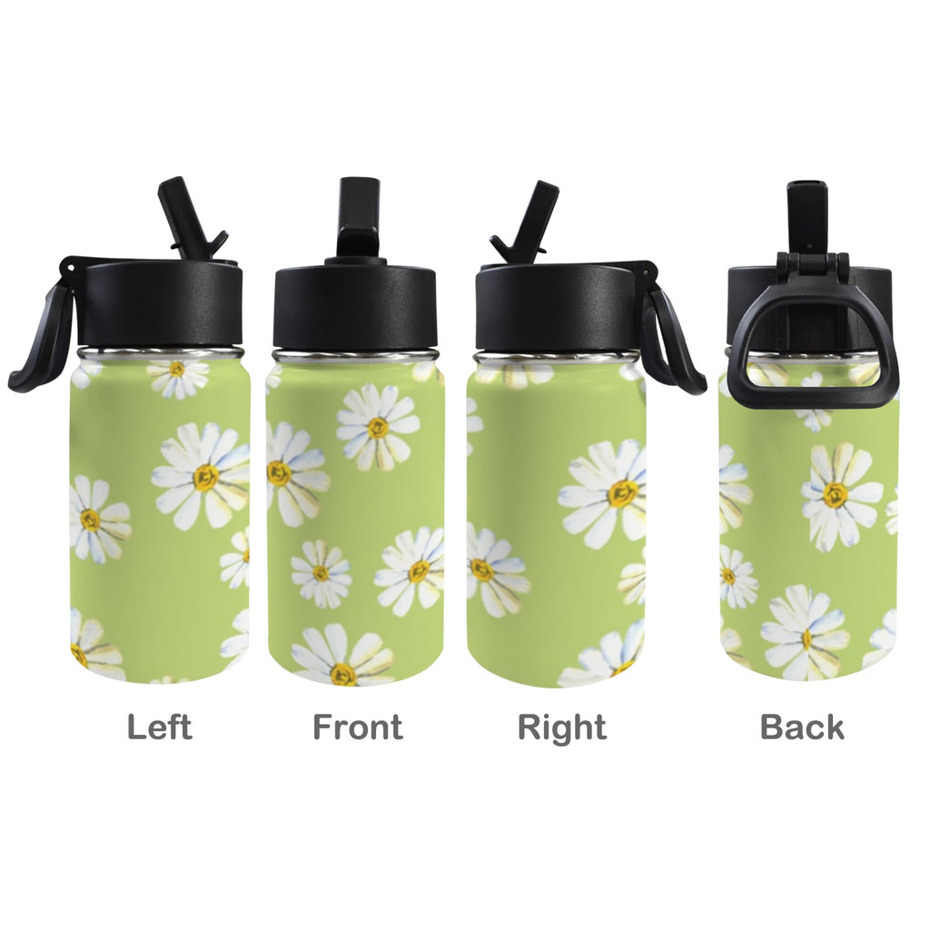 White Flower On Green 12oz Kids Water Bottle with Straw Lid