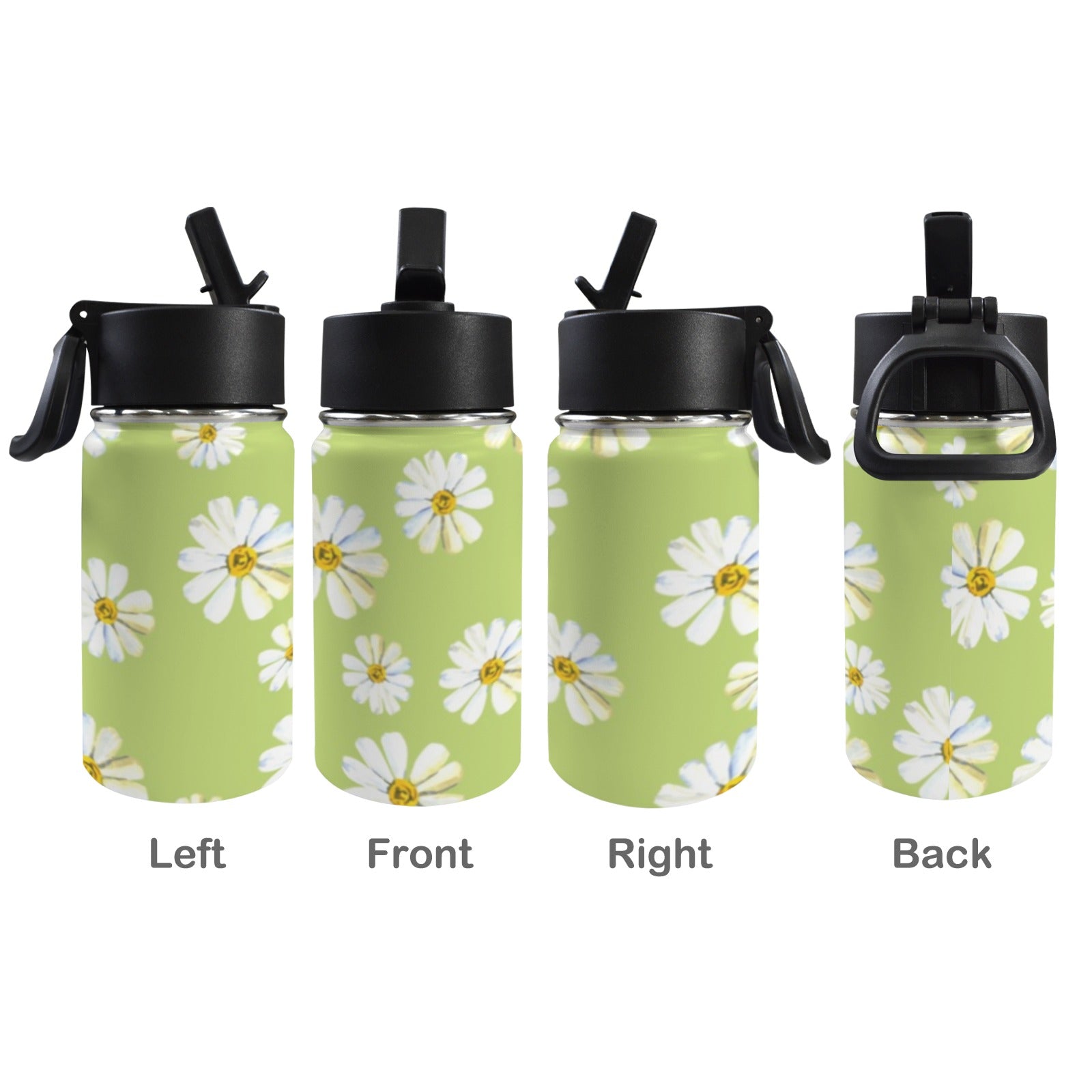 White Flower On Green 12oz Kids Water Bottle with Straw Lid