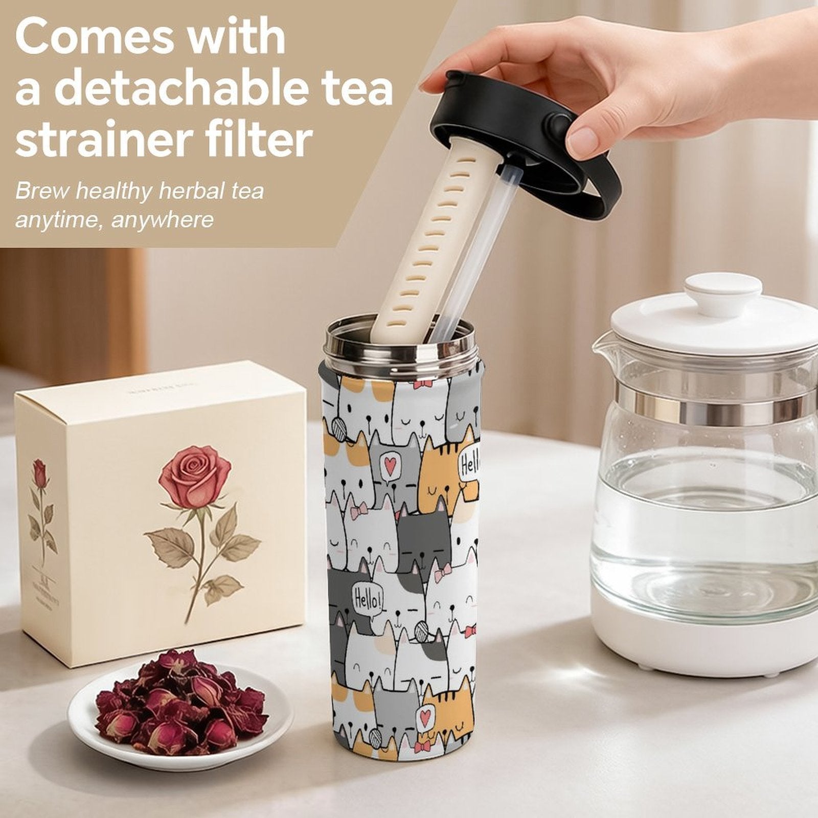 Cat Hello 20oz Tea Tumbler with Carry Handle