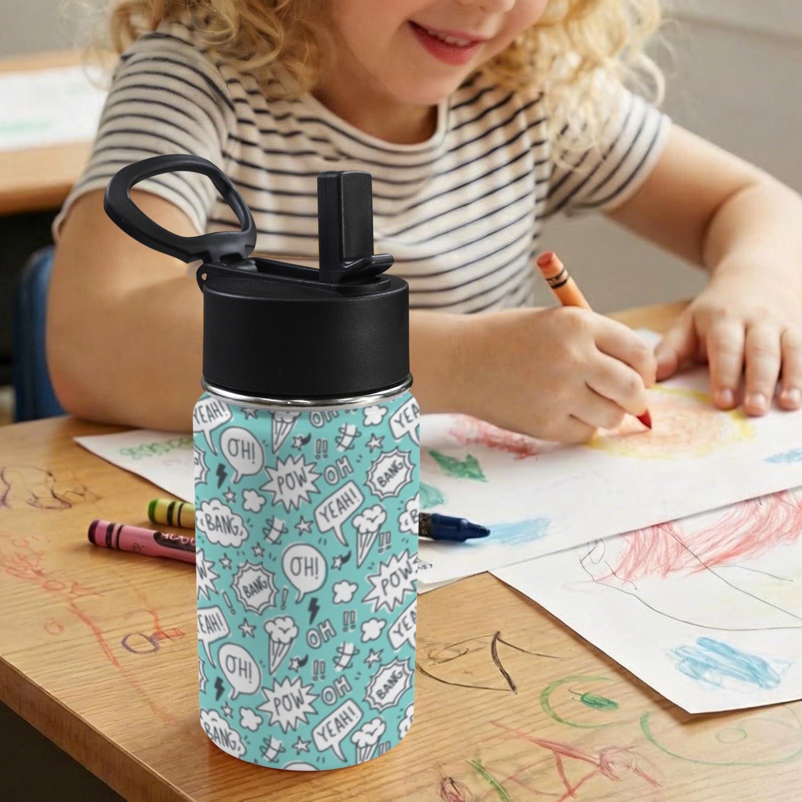 Comic Book Speech Bubbles 12oz Kids Water Bottle with Straw Lid