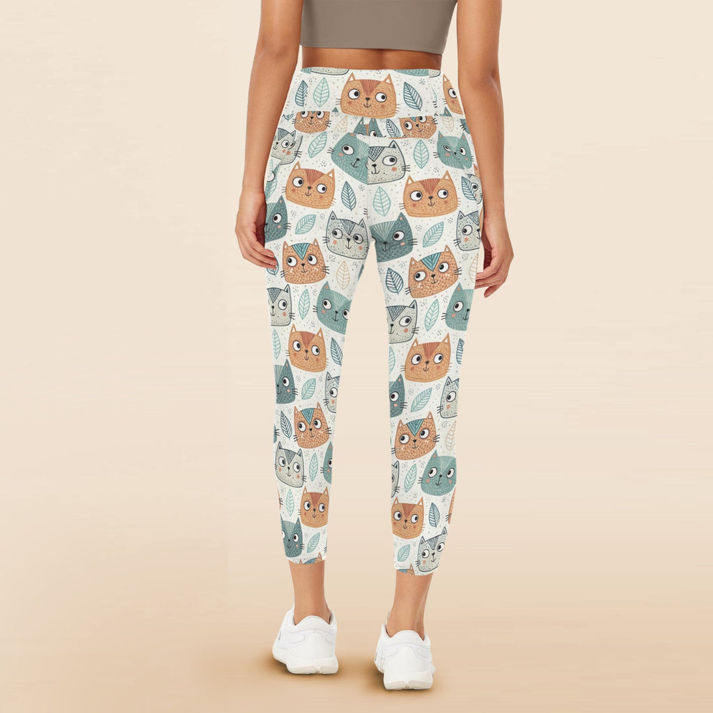 Cute Cat Faces - Women's High Waist Pockets Yoga Leggings