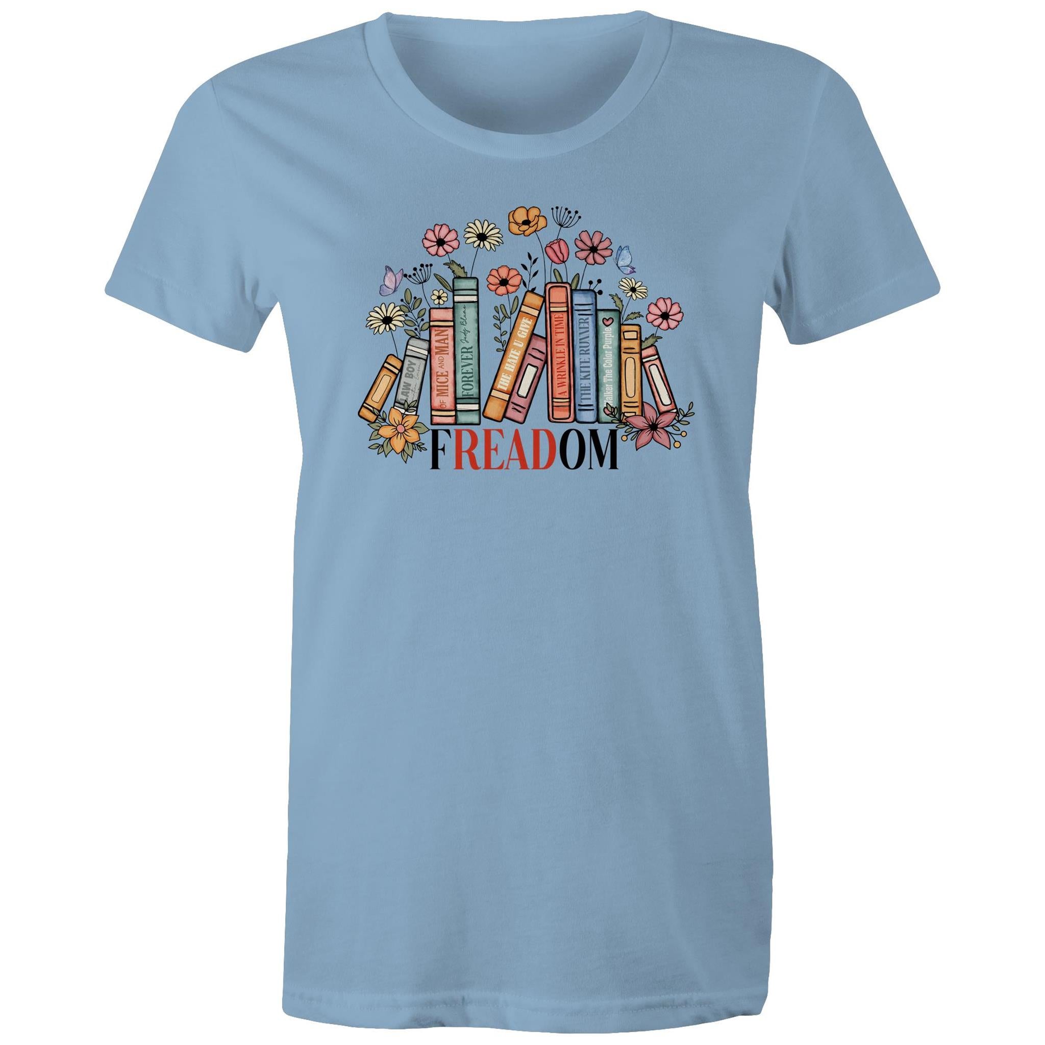 Freedom, Reading Books - Womens T-shirt Carolina Blue Womens T-shirt Printed In Australia Reading