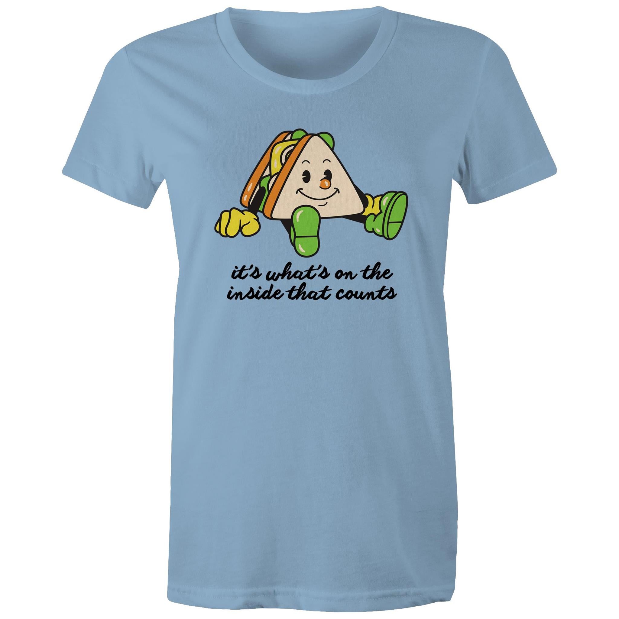 Sandwich, It's What's On The Inside That Counts - Womens T-shirt Carolina Blue Womens T-shirt Food Positivity Printed In Australia