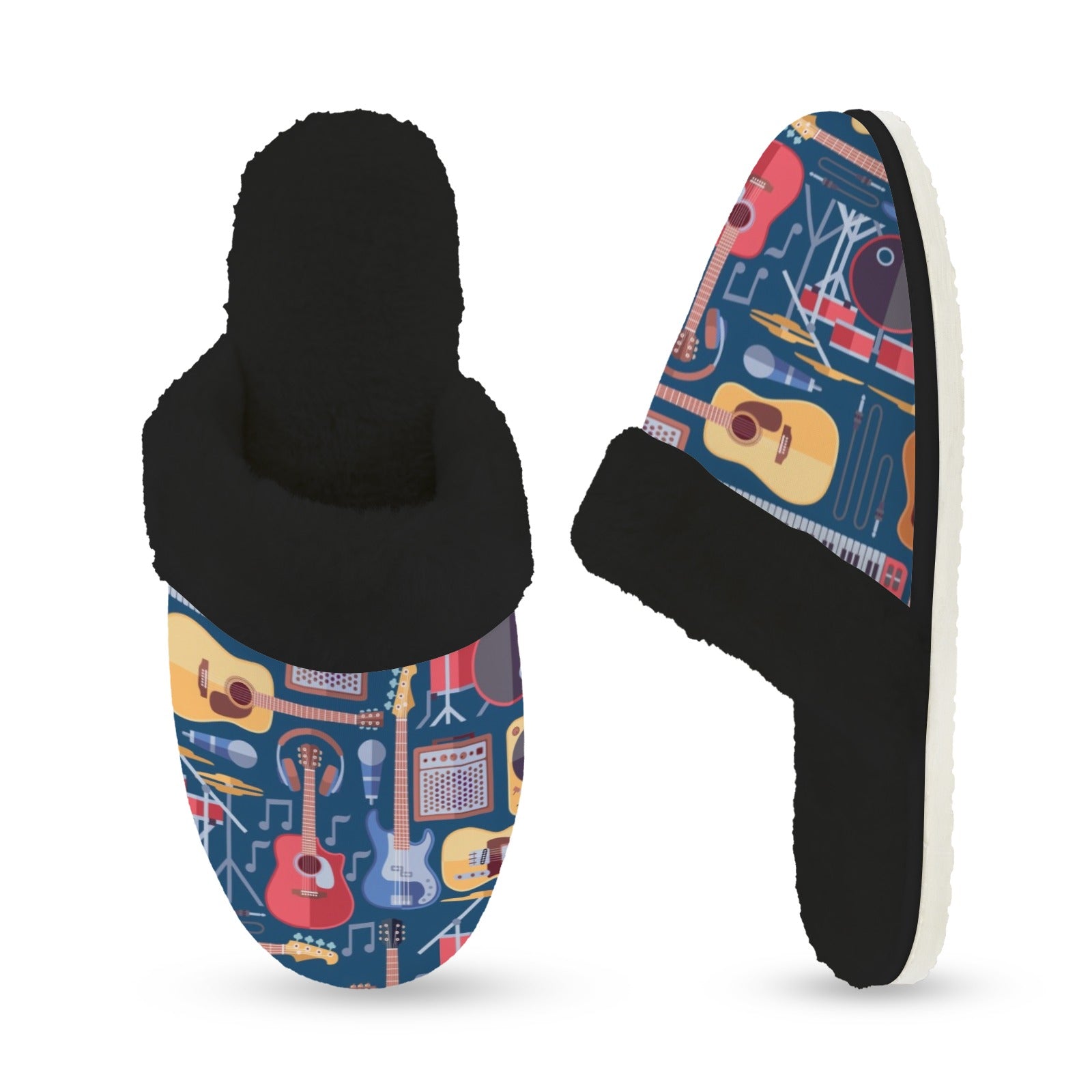 Music Instruments Women's Fur Trim Thick-Sole Indoor Slippers Women's Fur Trimmed Slippers Music Printed Offshore