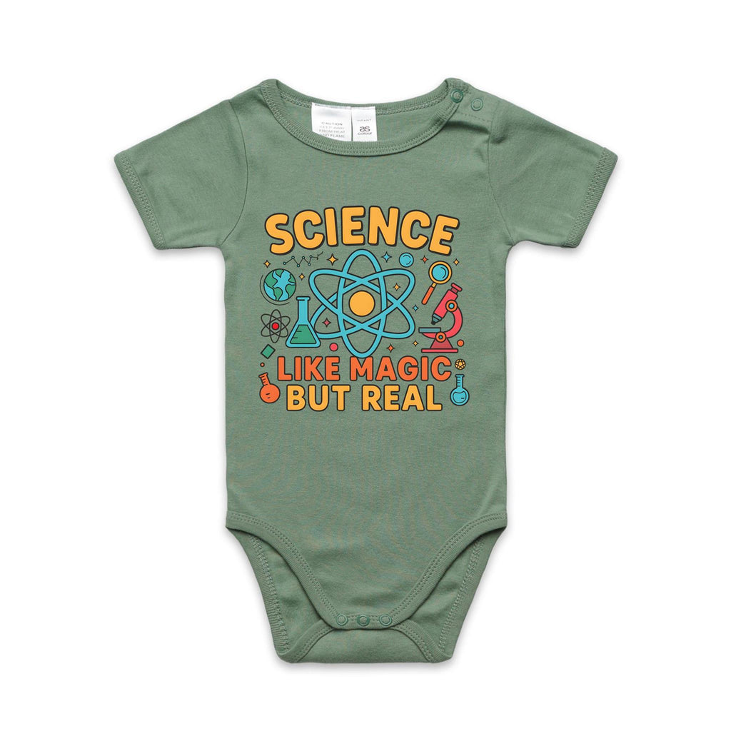 Science, Like Magic But Real AS Colour Baby Bodysuit Sage Baby Bodysuit Printed In Australia Science