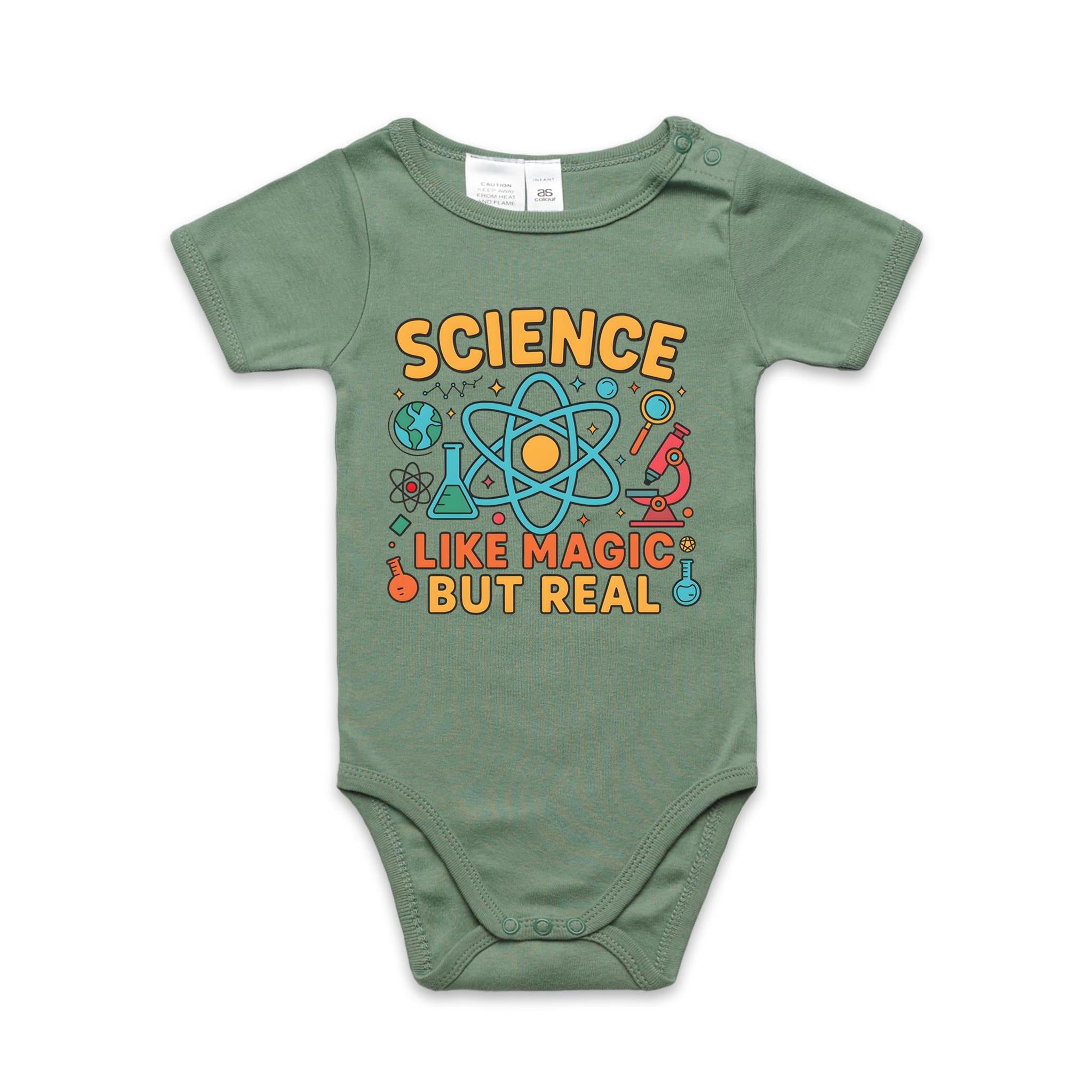 Science, Like Magic But Real AS Colour Baby Bodysuit Sage Baby Bodysuit Printed In Australia Science