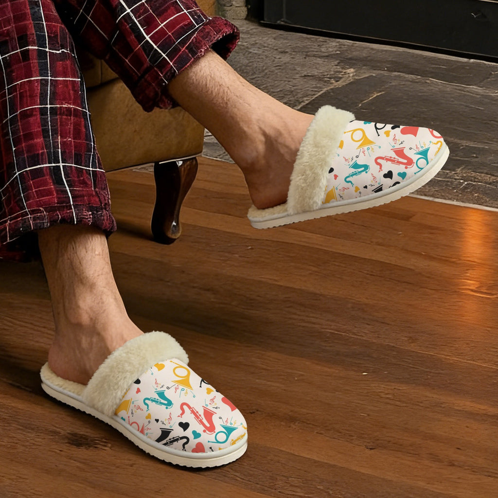 Brass Musical Instruments Men's Fur Trim Thick-Sole Indoor Slippers Men's Fur Trimmed Slippers Music Printed Offshore