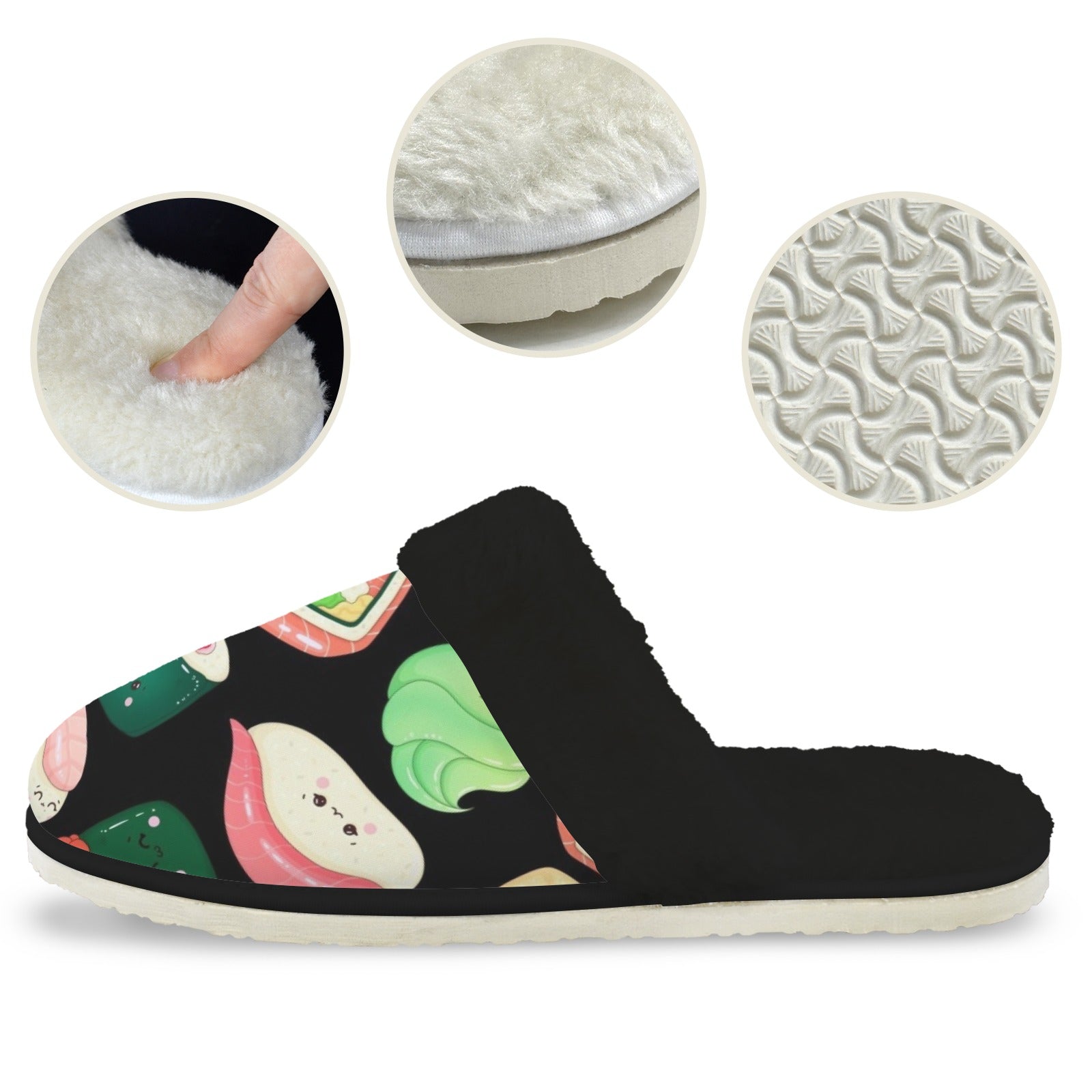 Happy Sushi Men's Fur Trim Thick-Sole Indoor Slippers Men's Fur Trimmed Slippers Food Printed Offshore