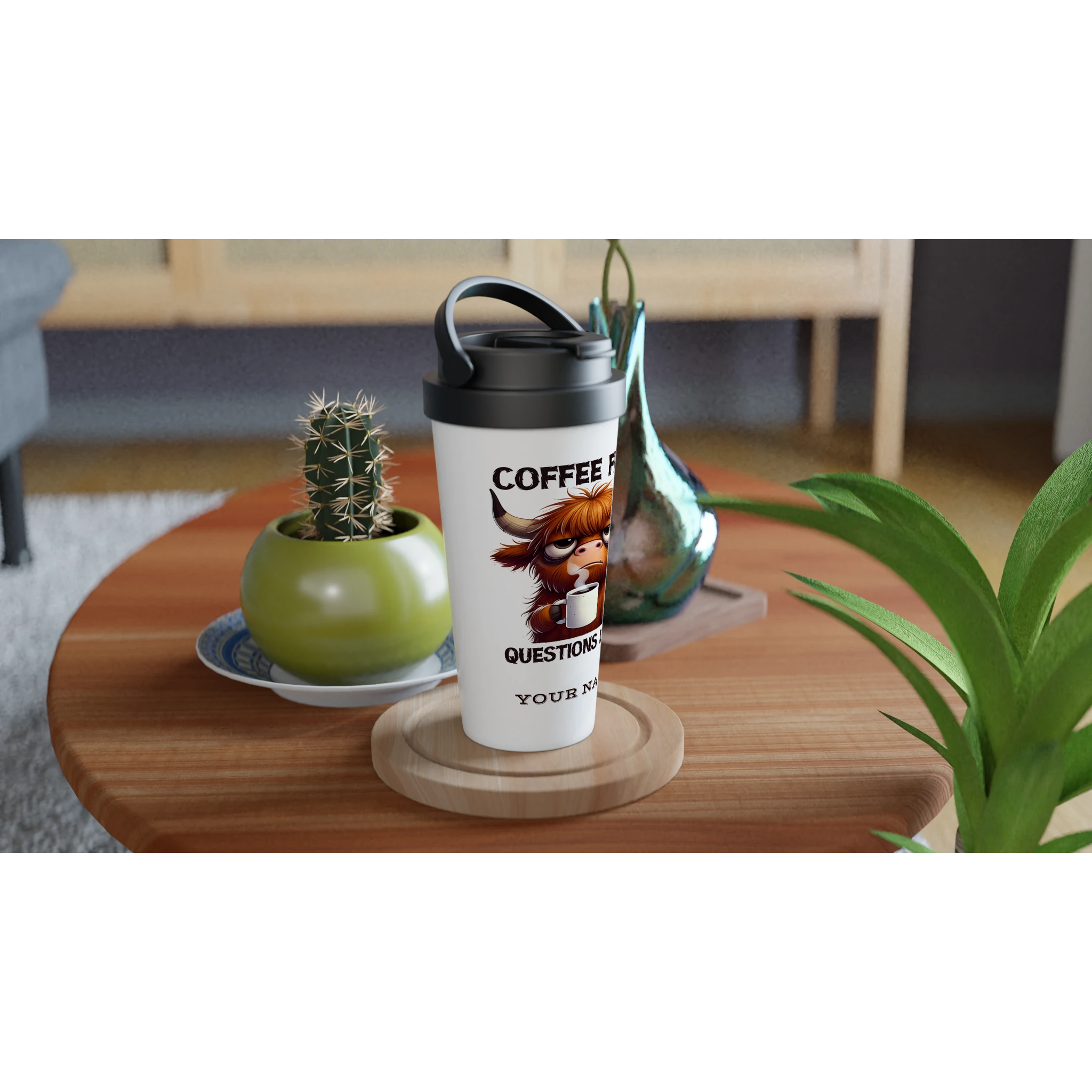 Personalise - Coffee First, Questions Later, Highland Cow - White 15oz Stainless Steel Travel Mug Personalised Travel Mug animal Coffee Globally Fulfilled