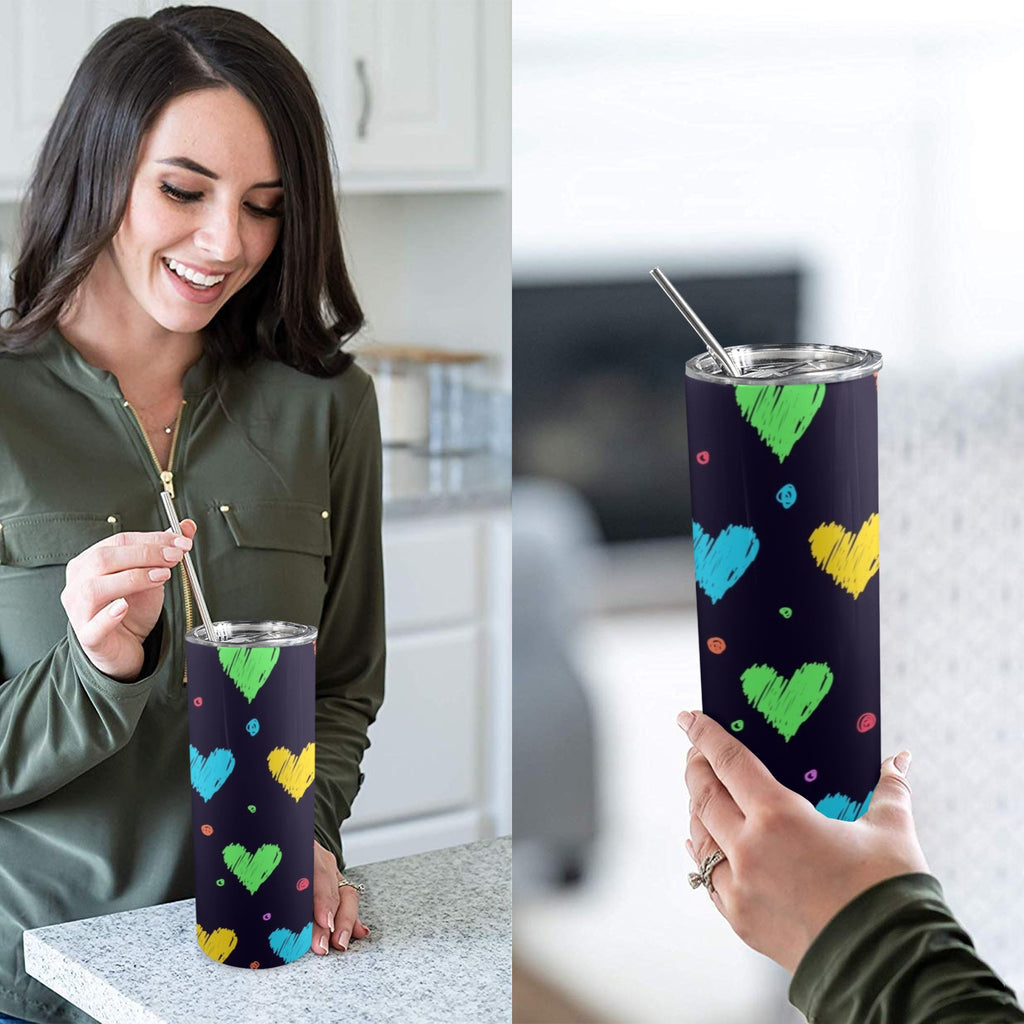 Colourful Hearts - 20oz Tall Skinny Tumbler with Lid and Straw