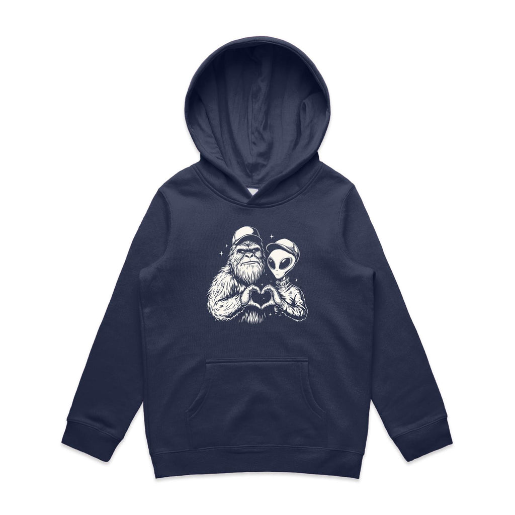 Alien Bigfoot Heart Hands - Kids Hoodie Midnight Blue Kids Hoodie Love Printed In Australia Sci Fi