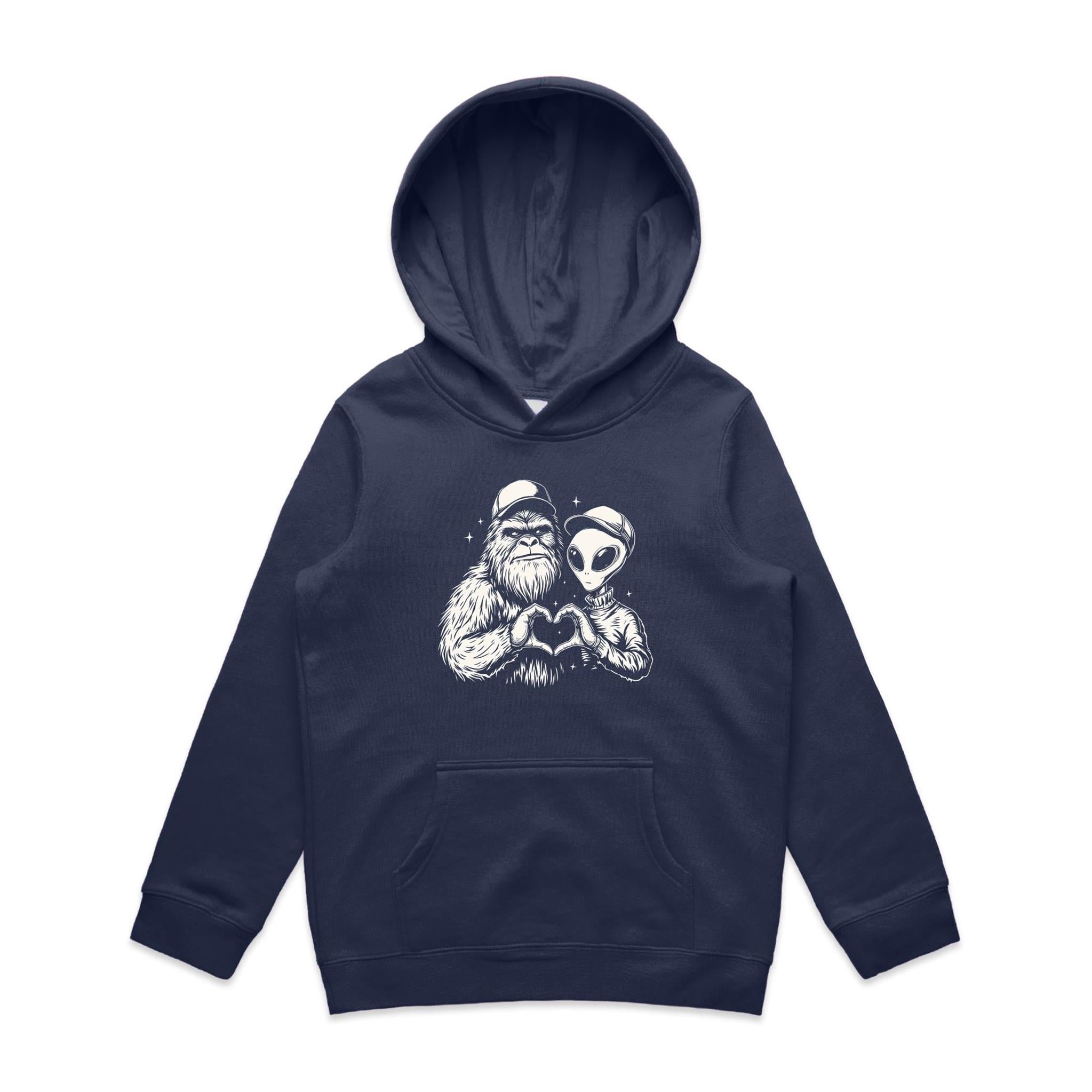 Alien Bigfoot Heart Hands - Kids Hoodie Midnight Blue Kids Hoodie Love Printed In Australia Sci Fi