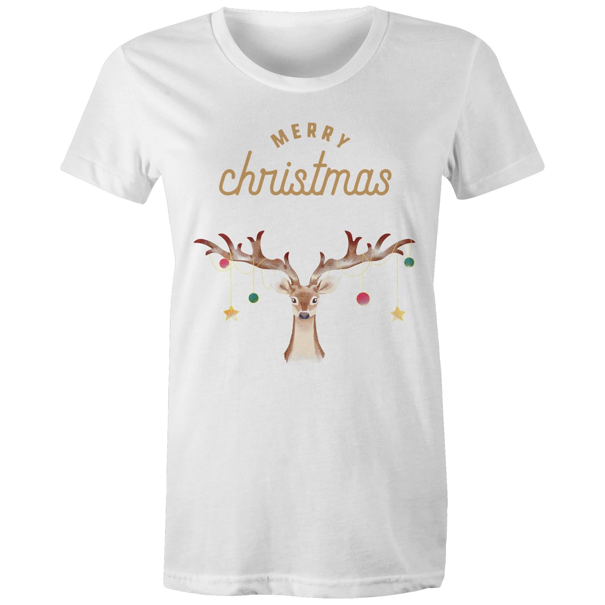 Merry Christmas Reindeer - Womens T-shirt White Womens Christmas T-shirt Christmas Printed In Australia