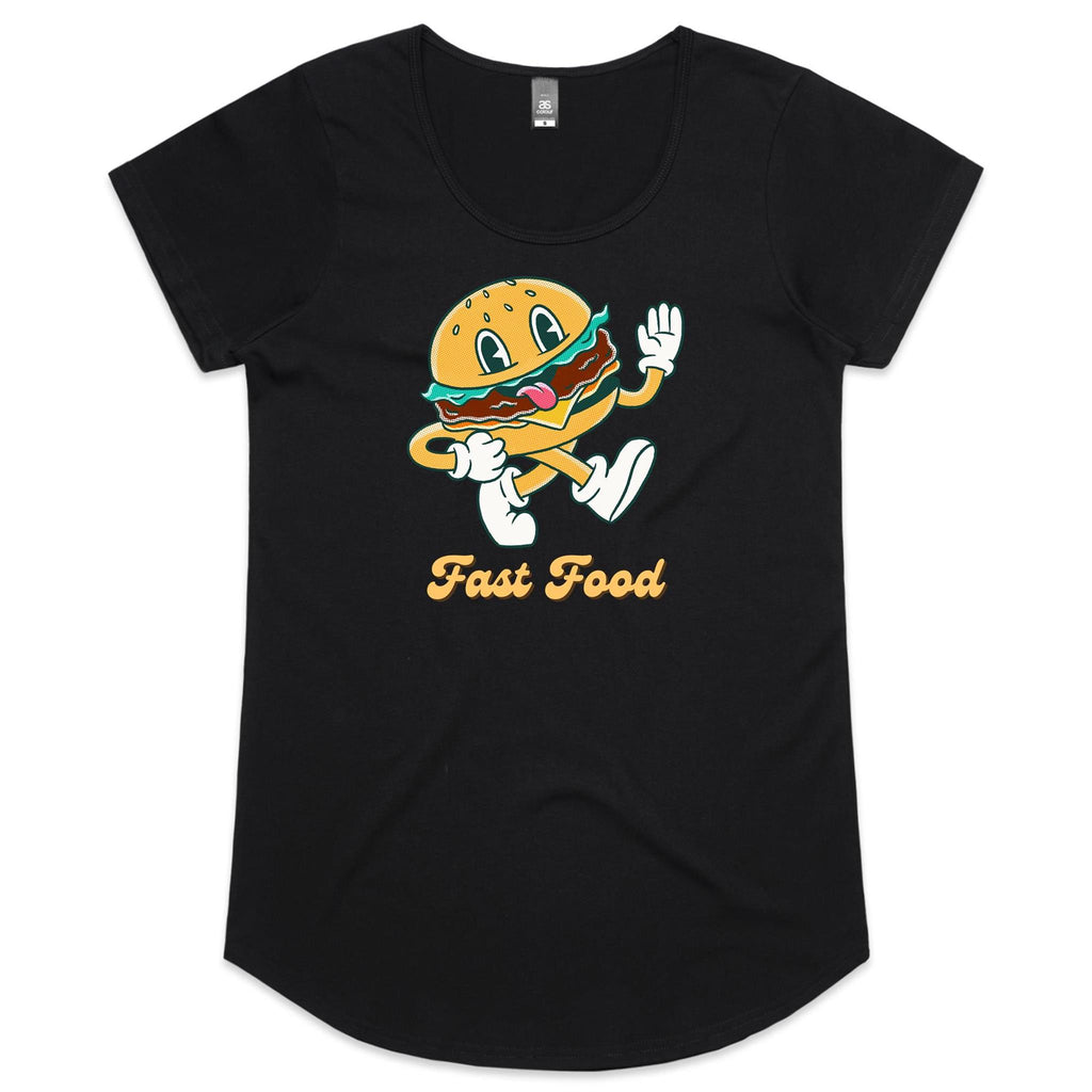 Fast Food, Hamburger - Womens Scoop Neck T-Shirt Black Womens Scoop Neck T-shirt Food Printed In Australia