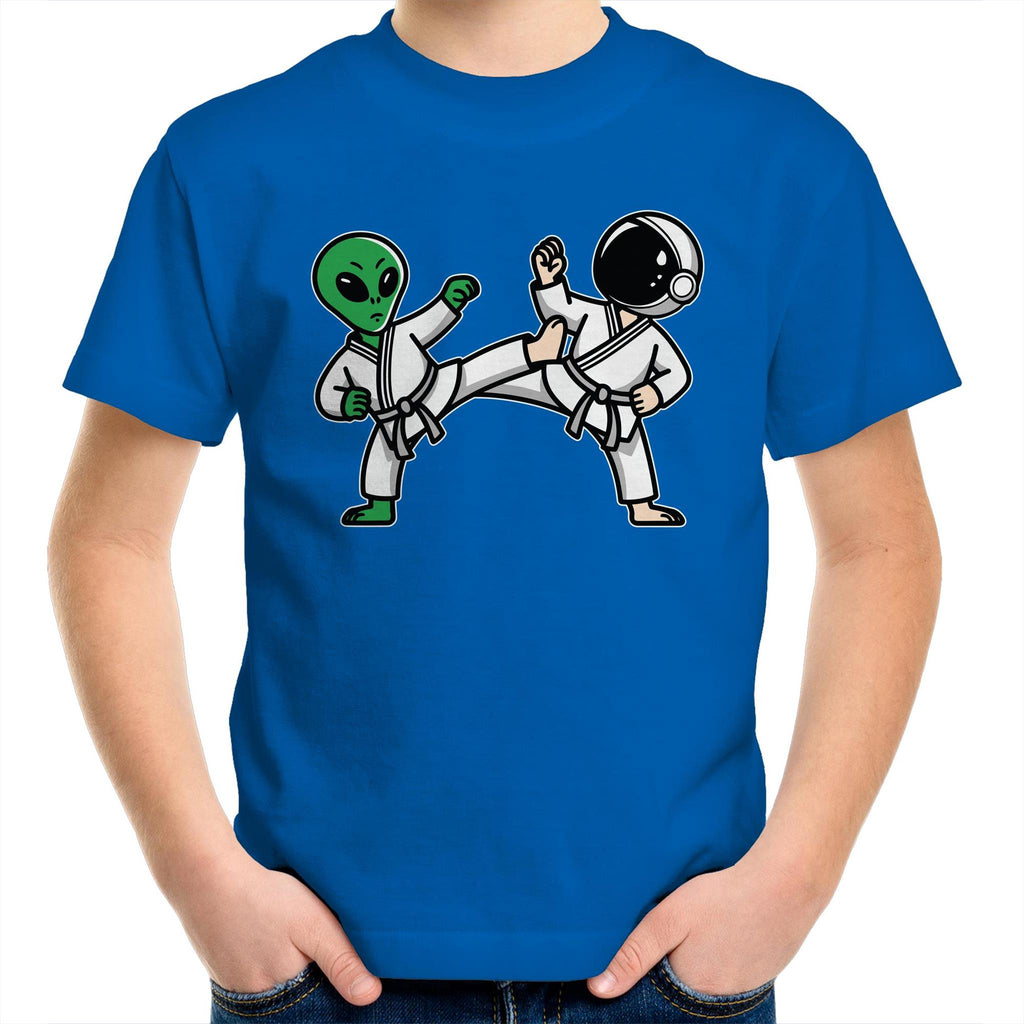 Alien And Astronaut Karate - Kids Youth T-Shirt Bright Royal Kids Youth T-shirt Printed In Australia Sci Fi Space