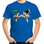 Alien And Astronaut Karate - Kids Youth T-Shirt Bright Royal Kids Youth T-shirt Printed In Australia Sci Fi Space