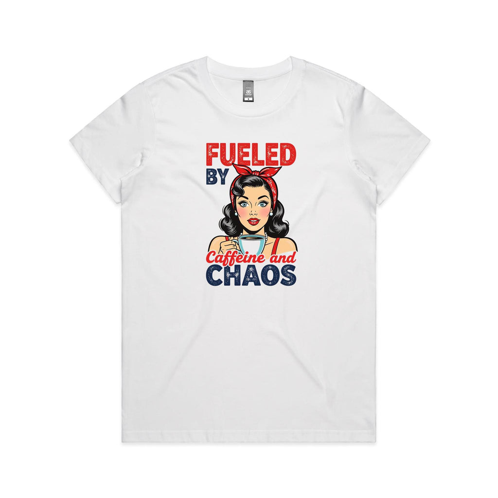 Fueled By Caffeine And Chaos, Retro Woman Women's AS Colour T-shirt White Womens T-shirt Coffee Printed In Australia