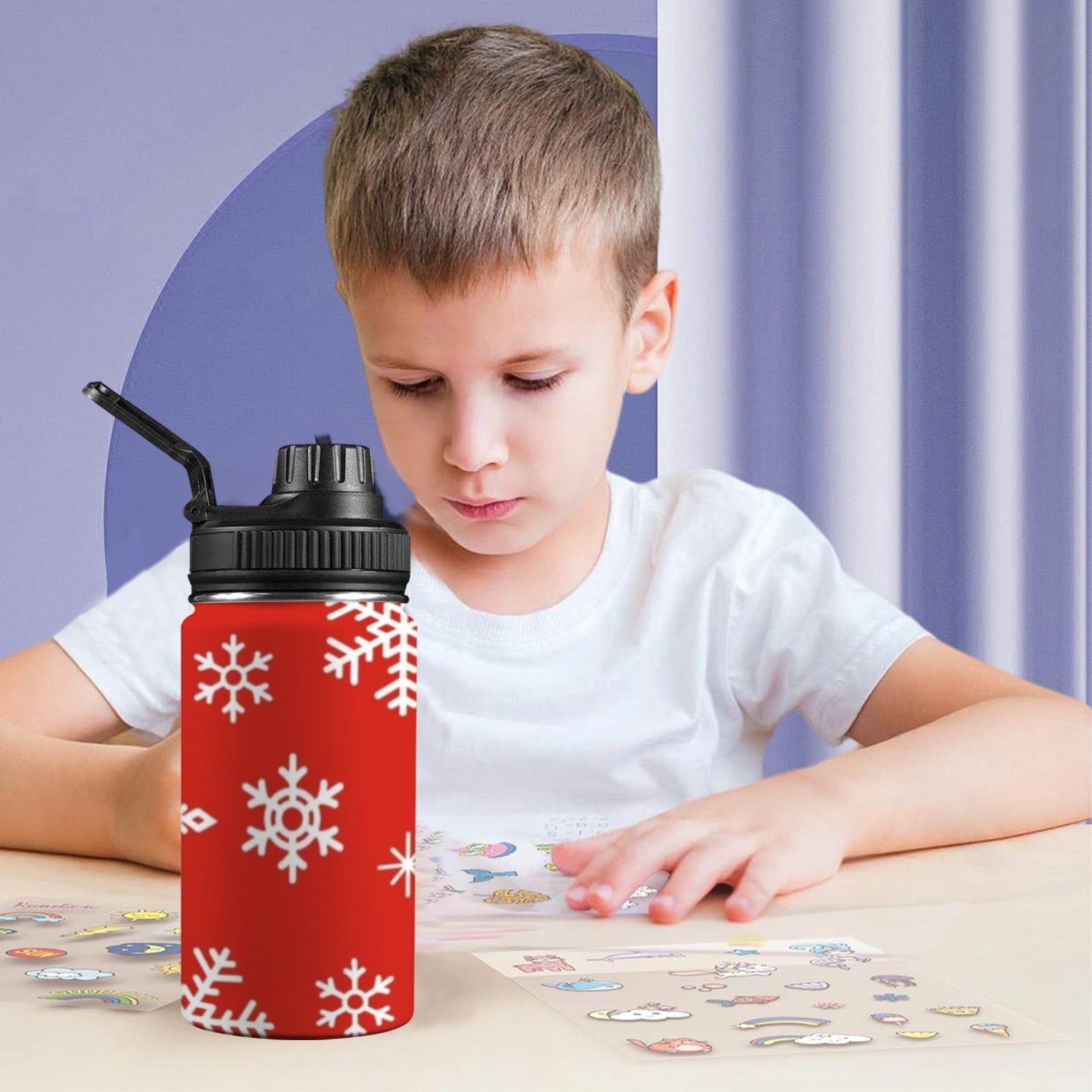 Red Snowflakes, Christmas - Kids Water Bottle with Chug Lid (12 oz) Kids Water Bottle with Chug Lid Christmas Printed Offshore