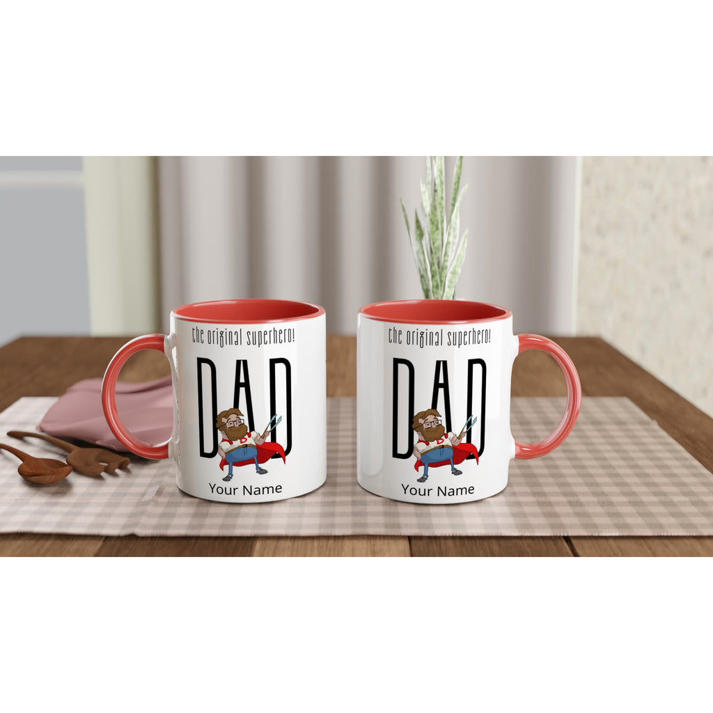 Personalised - Dad, The Original Superhero - White 11oz Ceramic Mug with Colour Inside Personalised 11oz Mug comic Customise Dad Globally Fulfilled Name Personalise