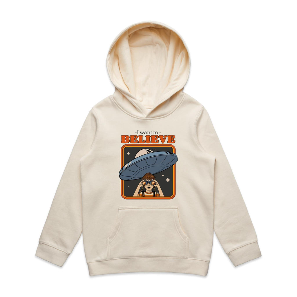I Want To Believe, UFO - Kids Hoodie Ecru Kids Hoodie Printed In Australia