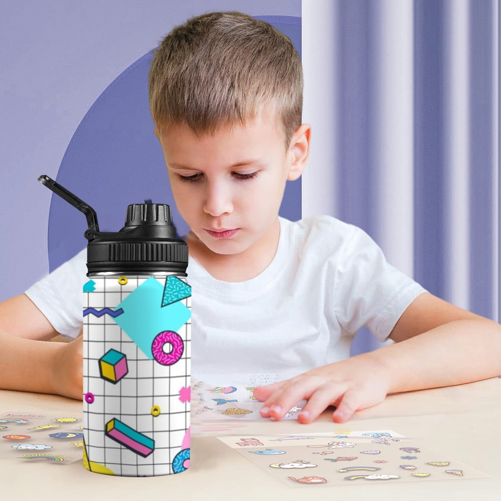 80's Grid - Kids Water Bottle with Chug Lid (12 oz)