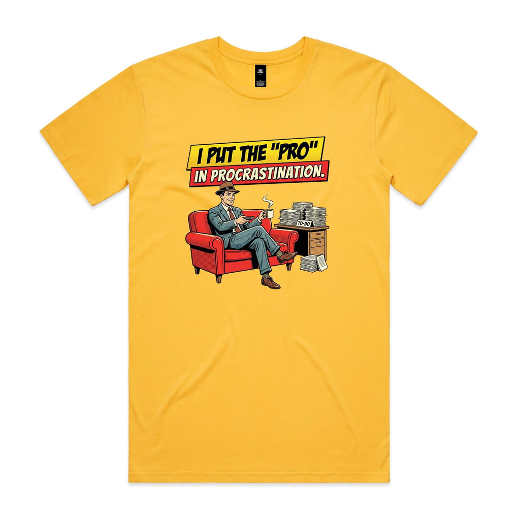 I Put The Pro In Procrastination, Retro Gentleman Men's AS Colour T-shirt Yellow Mens T-shirt comic Printed In Australia