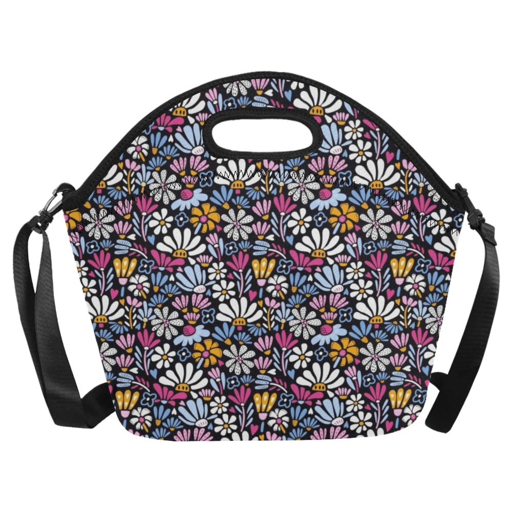 Graphic Flowers On Black Neoprene Lunch Bag/Large (Model 1669) Neoprene Lunch Bag Plants Printed Offshore