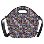 Graphic Flowers On Black Neoprene Lunch Bag/Large (Model 1669) Neoprene Lunch Bag Plants Printed Offshore