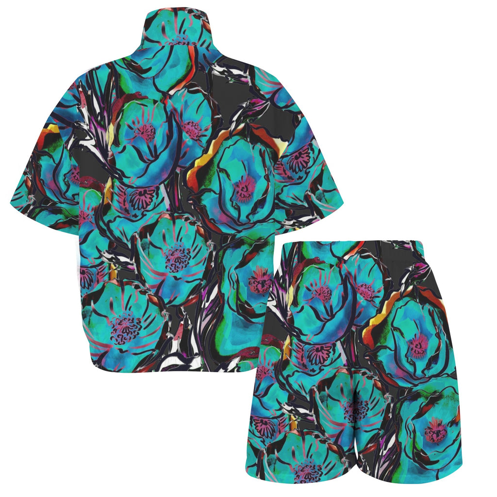 Flower It Blue Women's Windbreaker Short Set Women's Windbreaker Short Set Plants Printed Offshore