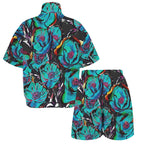 Flower It Blue Women's Windbreaker Short Set Women's Windbreaker Short Set Plants Printed Offshore